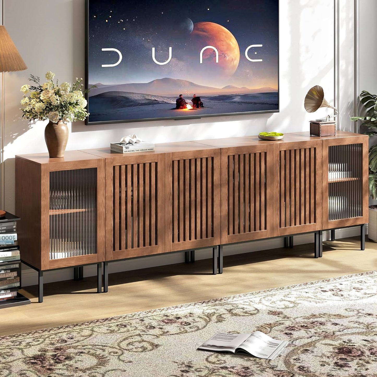 Farmhouse TV Stand for TVs up to 100 Inch, Entertainment Center TV Console with Storage Cabinets and Glass Doors,Media Console for Living Room,Brown