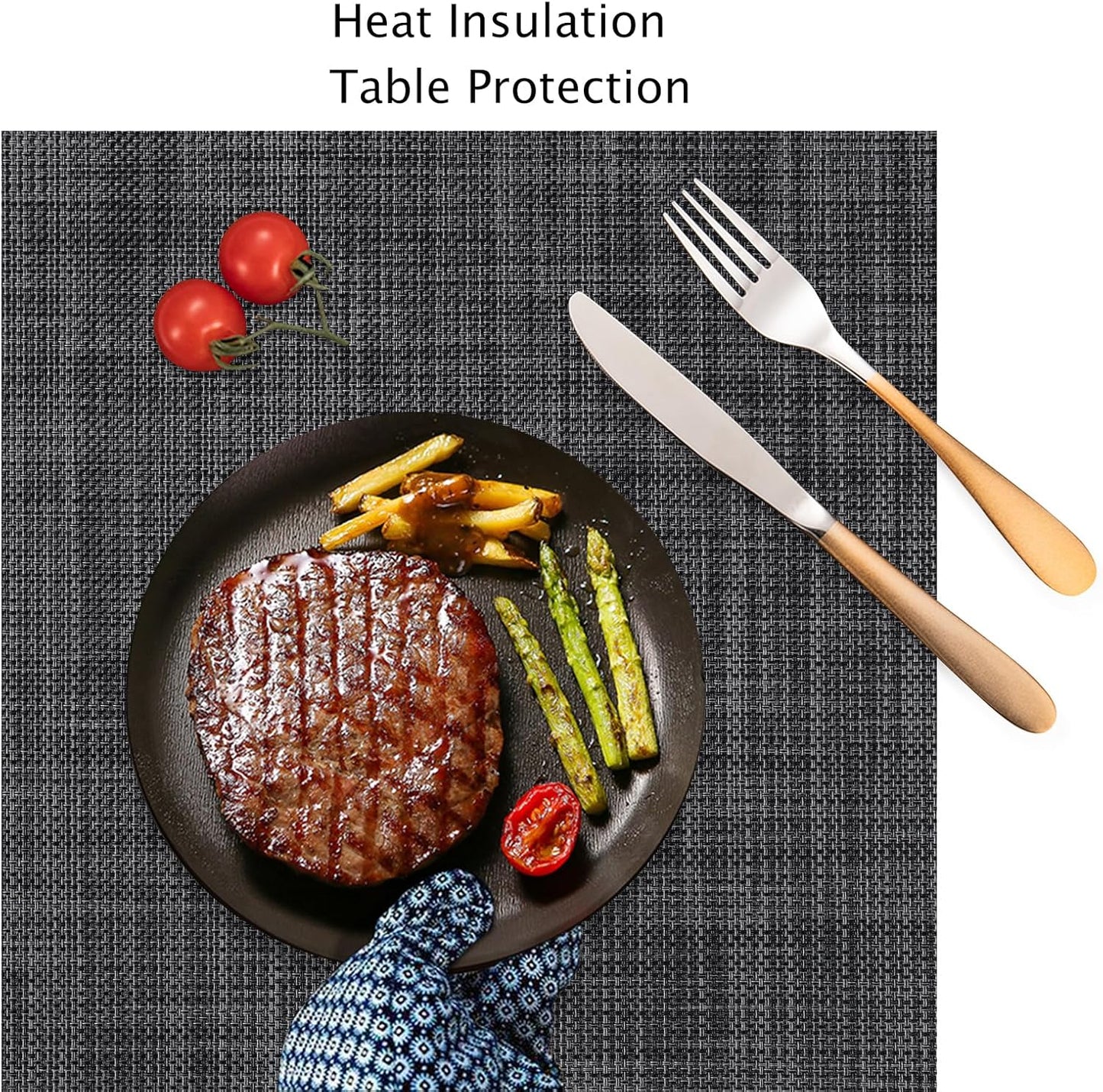 Myir JUN Placemats Set of 4, Vinyl Woven Placemats Place Mats Indoor Set of 4 Washable Table Mats Non-Slip Place mats for Dining Table (Dark Gray-Black, Set of 4)