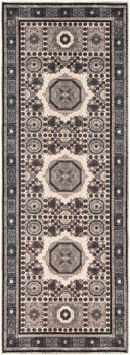 Keen Home Design 2x12 Rug - Machine Washable Runner Rug with Non-Slip Backing, Ideal for Hallway, Entryway, Kitchen, Laundry Room - Vintage, Easy Clean, Durable, Low Pile - (2'6" x 12')
