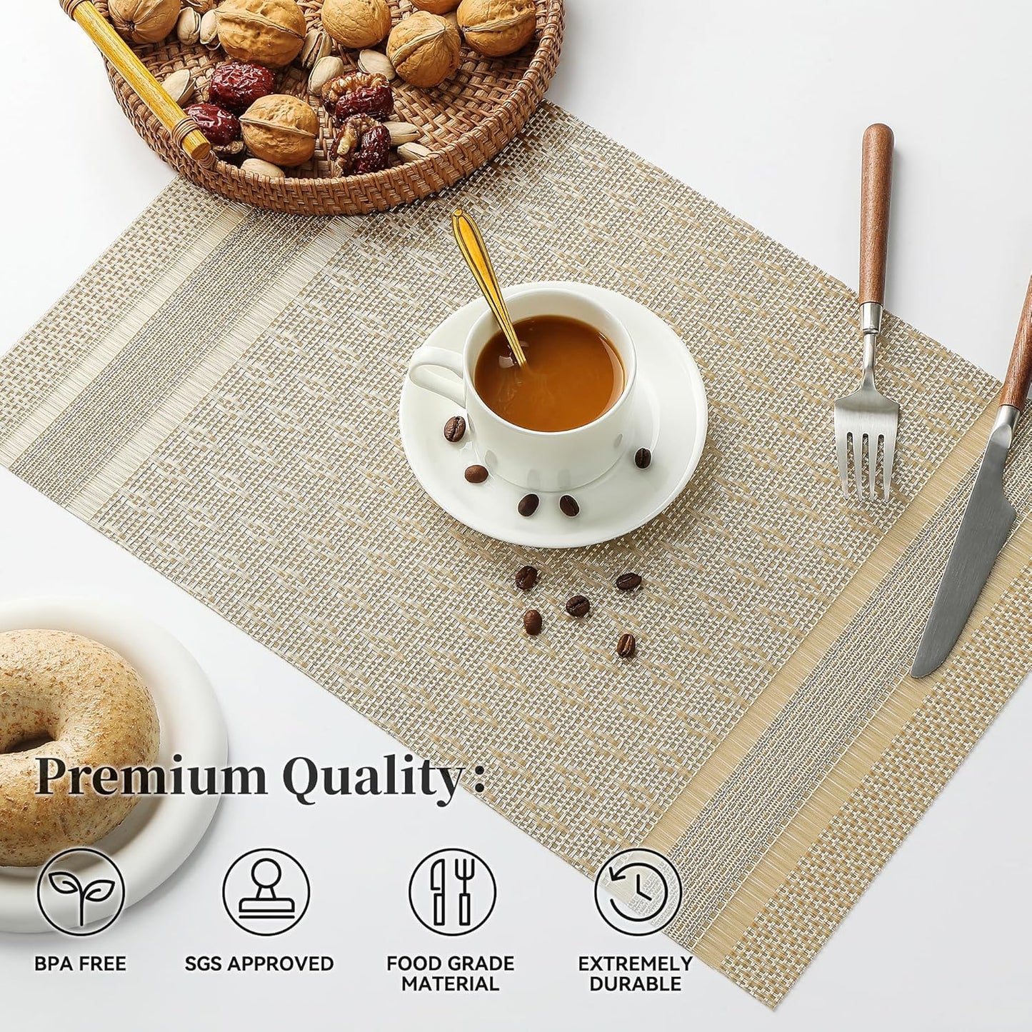 Leetaltree Stardust Yellow Placemats Set of 4 - Heat Resistant Non-Slip Place mats for Dining Table, Washable Durable PVC Vinyl Woven Table Mats（Stardust Yellow, 4）