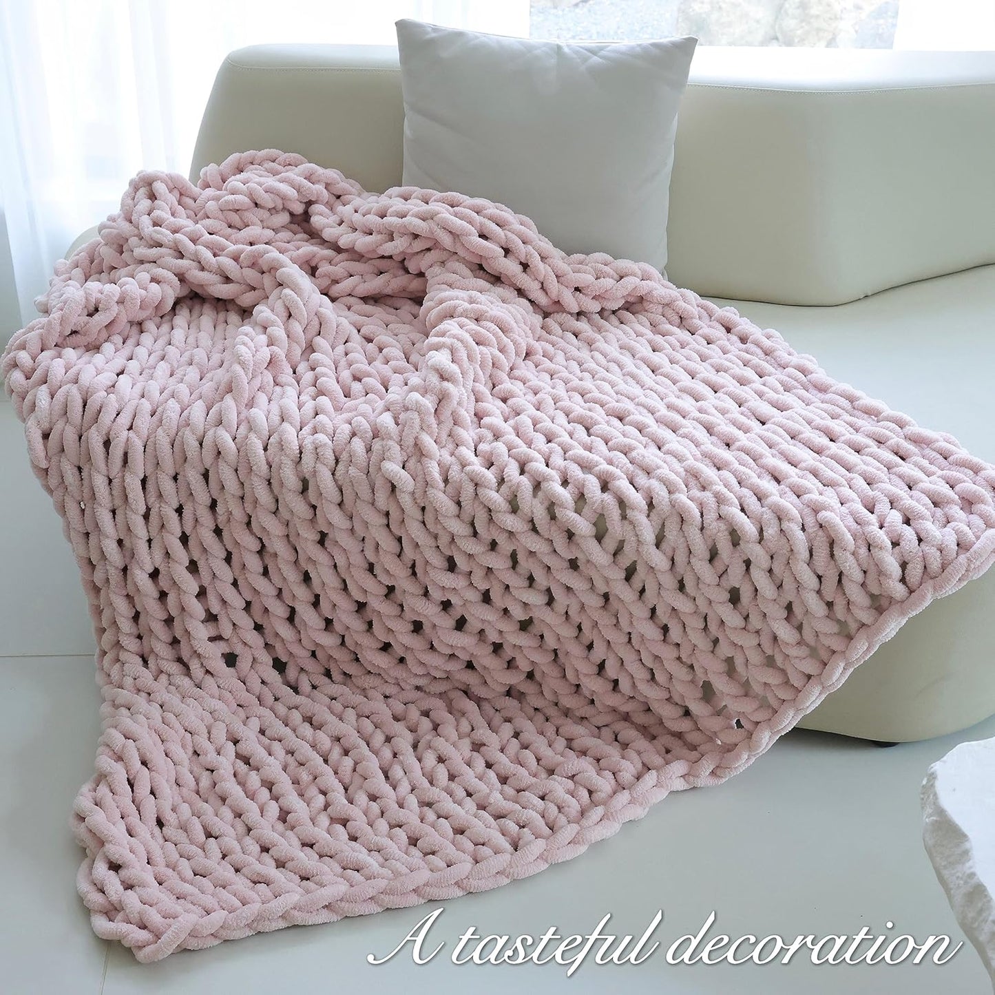 Maetoow Chenille Chunky Knit Blanket Throw （40×50 Inch）, Handmade Warm & Cozy Blanket Couch, Bed, Home Decor, Soft Breathable Fleece Banket, Christmas Thick and Giant Yarn Throws, Light Pink