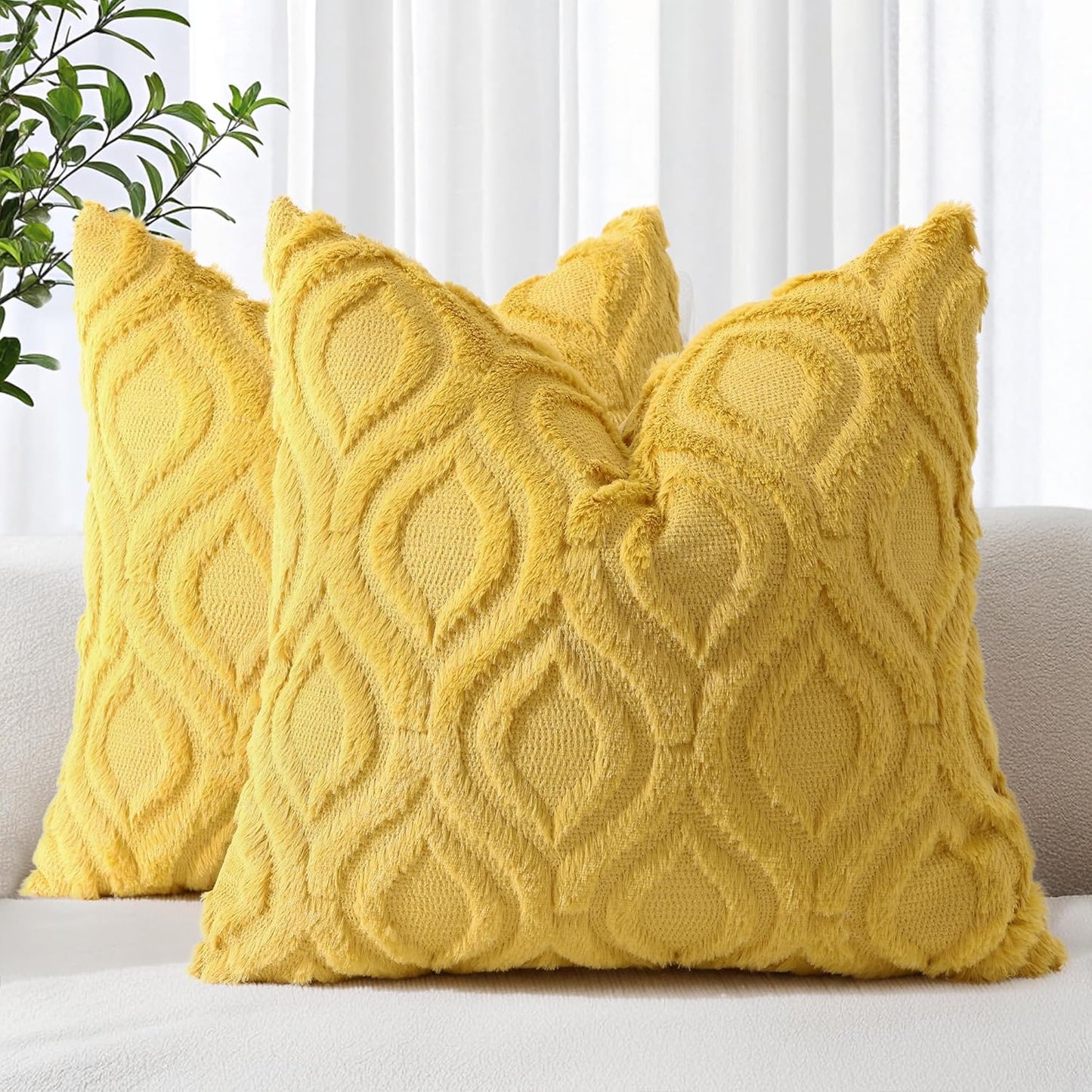 decorUhome Throw Pillow Covers 16x16 Inch Set of 2, Soft Plush Decorative Faux Fur Mustard Yellow Solid Couch Pillow Covers, Accent Farmhouse Neutral Square Euro Pillow Cases for Sofa Bed Living Room
