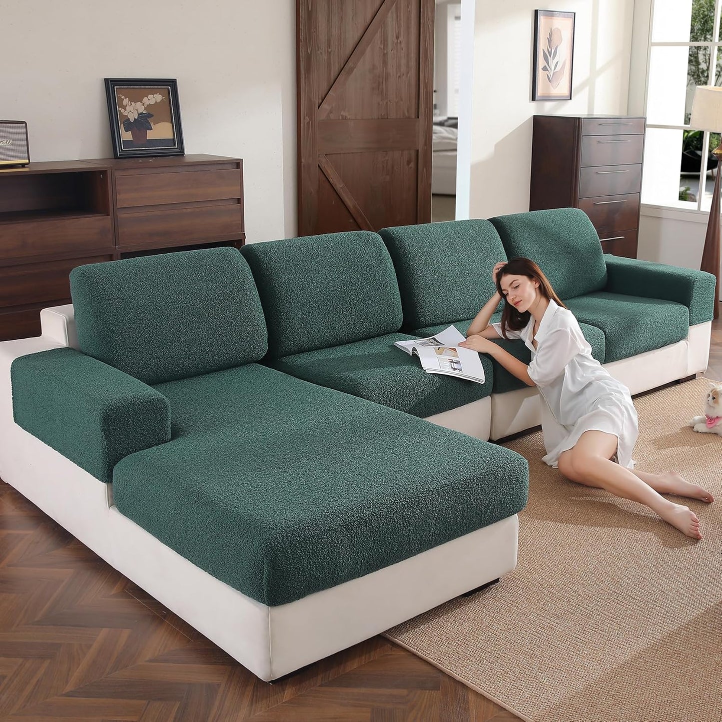 Couch Cushion Covers for Sectional Sofa, Stretch Soft Sofa Slipcovers Washable Wear-Resistant Universal Furniture Protector for Living Room(1 Piece Large Cover, Green)