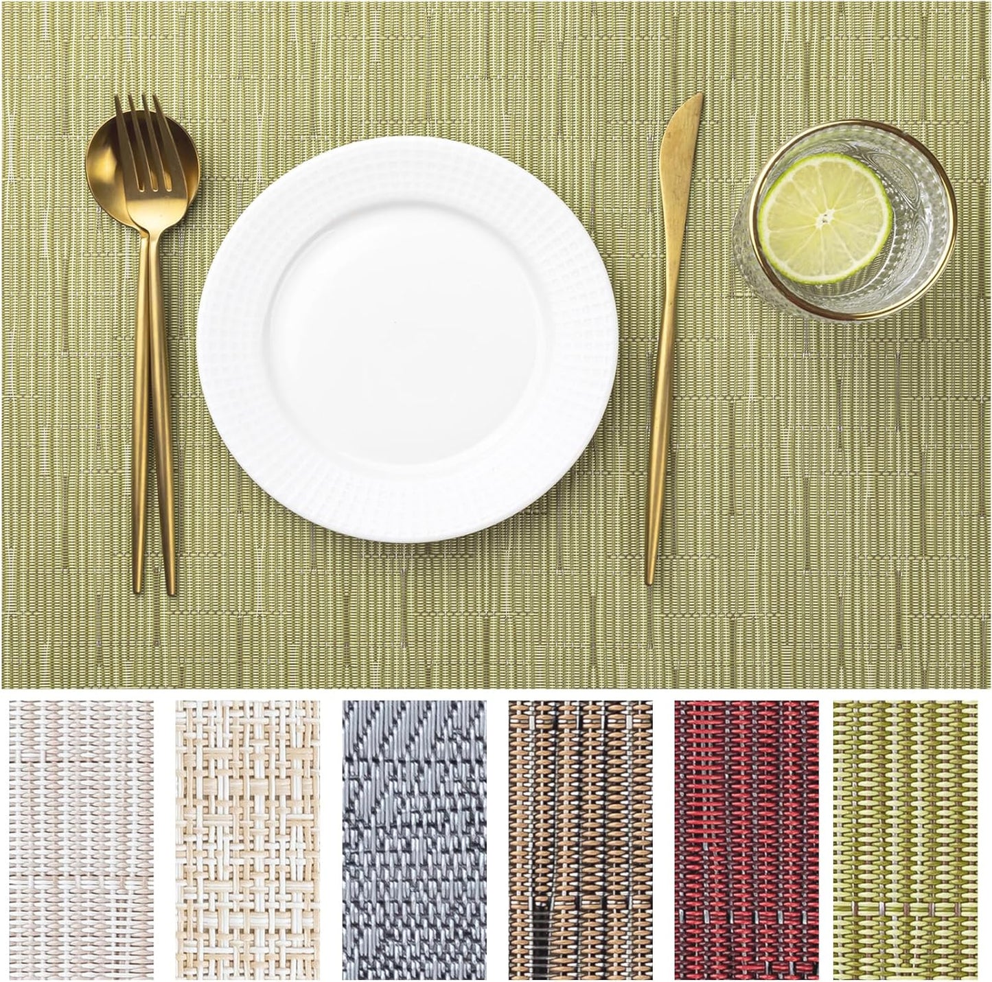 LEXMORE Placemats Set of 4 Vinyl/Plastic Woven Place Mats for Kitchen Table Indoor/Outdoor Washable Placemat Wipeable Dining Table Mats(Pea Green)