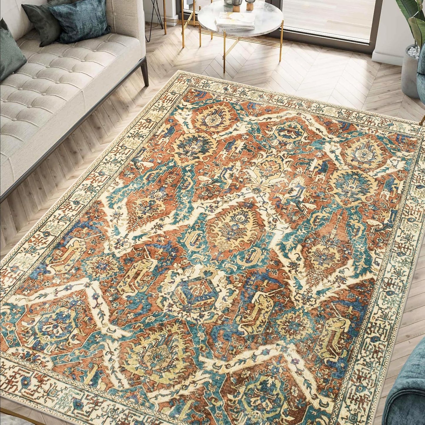 Keen Home Design 4x6 Rug - Machine Washable Area Rug with Non-Slip Backing, Ideal for Living Room, Dining Room, Bedroom - Vintage, Easy Clean, Durable, Low Pile Rug - (4' x 6')