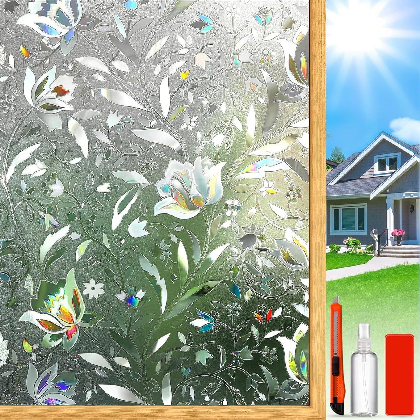 Rainbow Window Privacy Film Decorative, Stained Glass Window Tint for Home, 3D Decals Window Clings for Glass Windows, Static Cling Window Sticker, Suncatcher Window Cover,35.4" by 157.4"