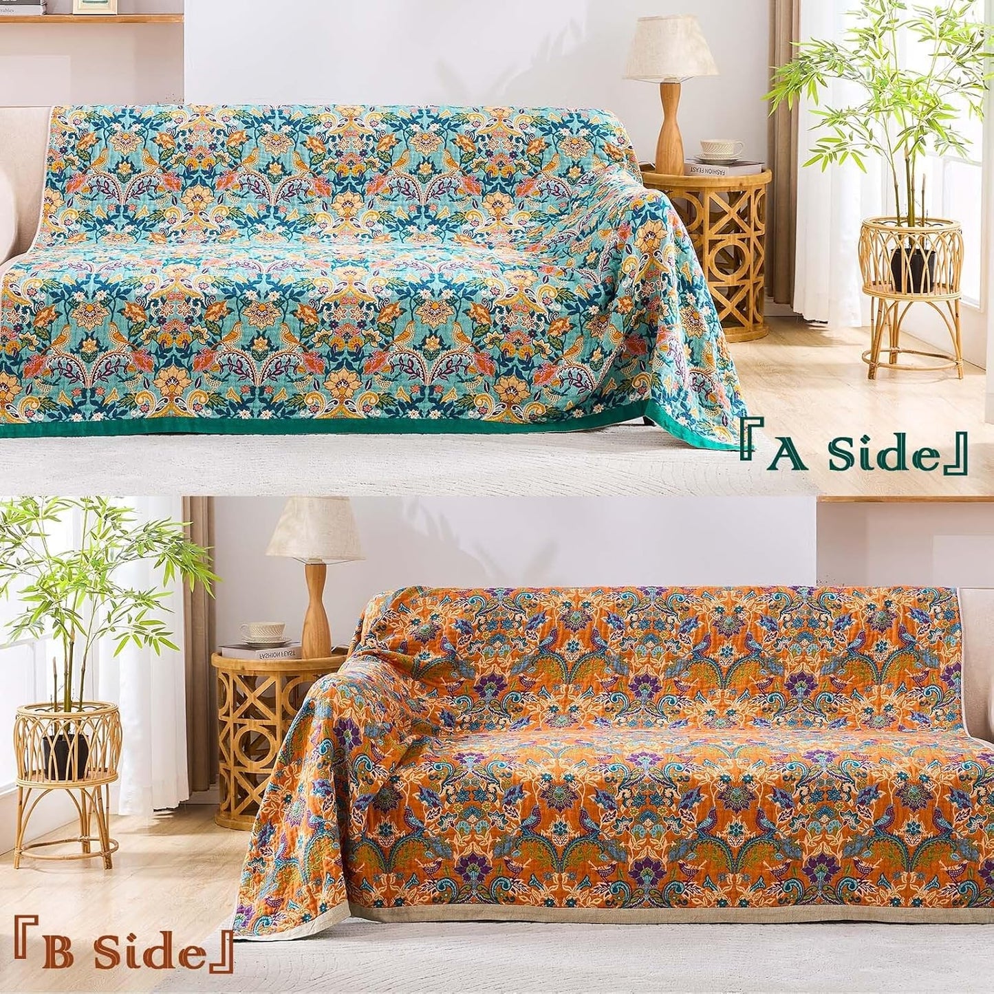 Boho Blanket Throw Quilt, 100% Cotton Soft Light Weight Throw Blankets for Summer, 80"x90" Farmhouse Flower Decorative Blankets, All Season Rustic Reversible Bohemian Throw Quilt