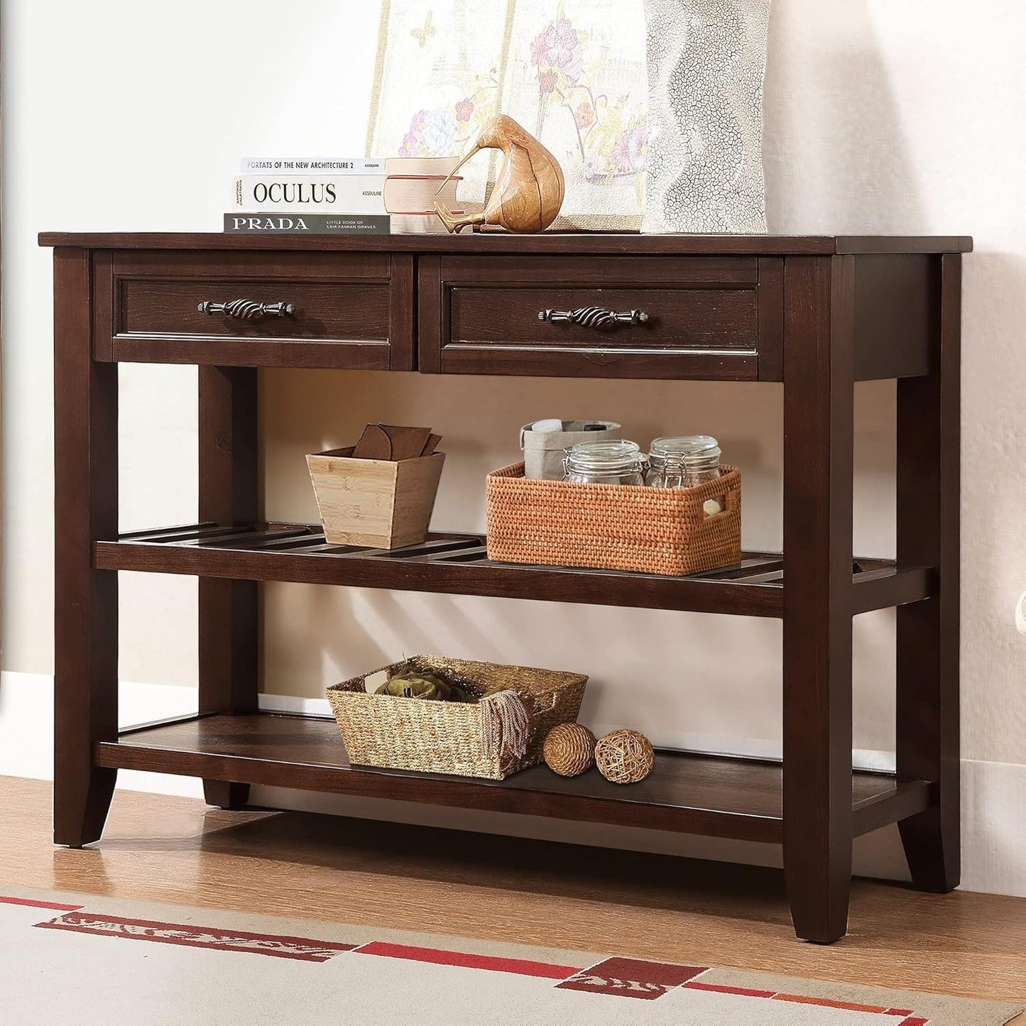 Solid Wood Console Table Sofa Tables with Drawers and Shelves Small Entryway Table for Living Room,Decorative,Foyer(42" Espresso)