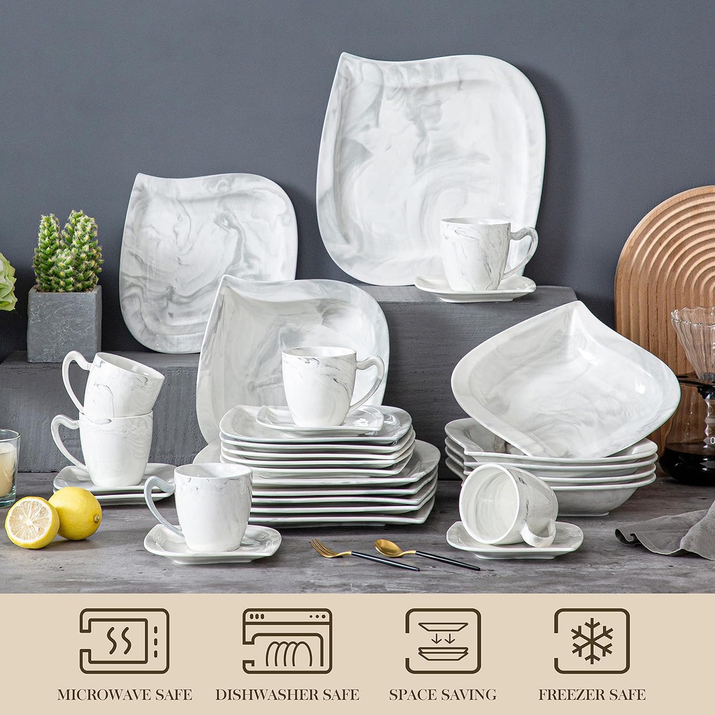 MALACASA Marble Grey Dinnerware Sets, 30-Piece Porcelain Dinnerware Set, Modern Plates and Bowls Set with Dinner Plate, Dessert Plate and Salad Pasta Bowl, Cup and Saucer, Service for 6, Series Elvira