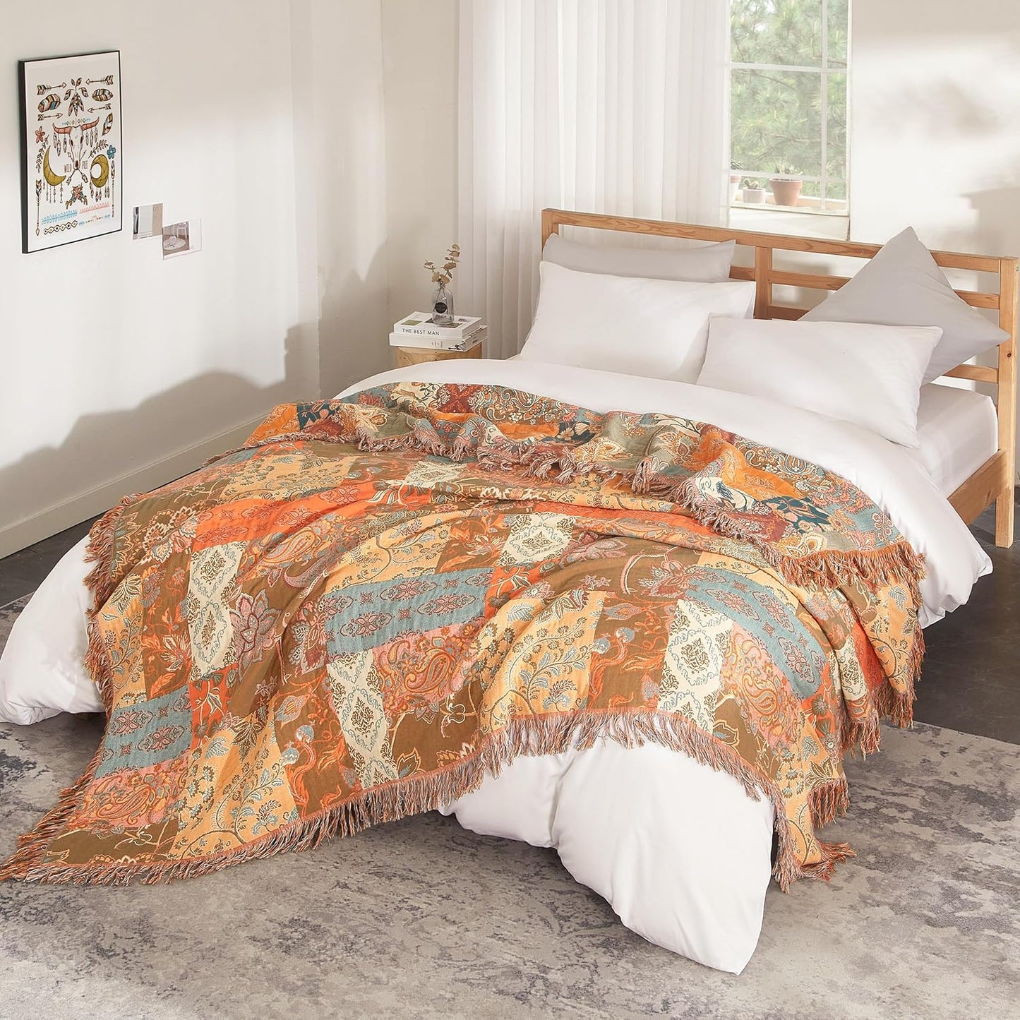 Boho Throw Blanket for Bed 80”x90”, 100% Cotton Woven Blanket for Couch Sofa, Ultra Soft 4-Layer Muslin Quilt with Patchwork Floral Printed, Farmhouse Bed Blanket/Cover for Living Room Decor