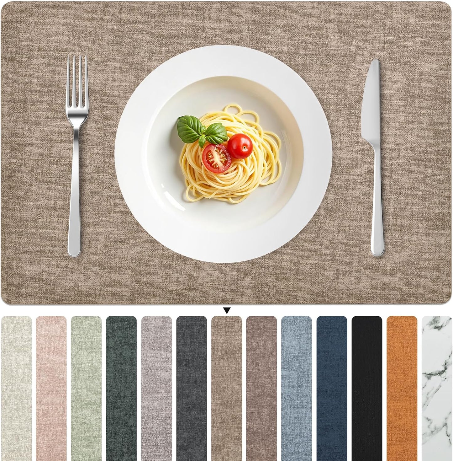 FROMHEART Faux Leather Placemats Set of 8–Waterproof,Heat/Oil Stain-Resistant PU Table Mat–Reversible,Non-Slip,Easy to Clean Place Mats for Kitchen,Dining,Indoor/Outdoor,(Light Coffee,11.8" x 17")