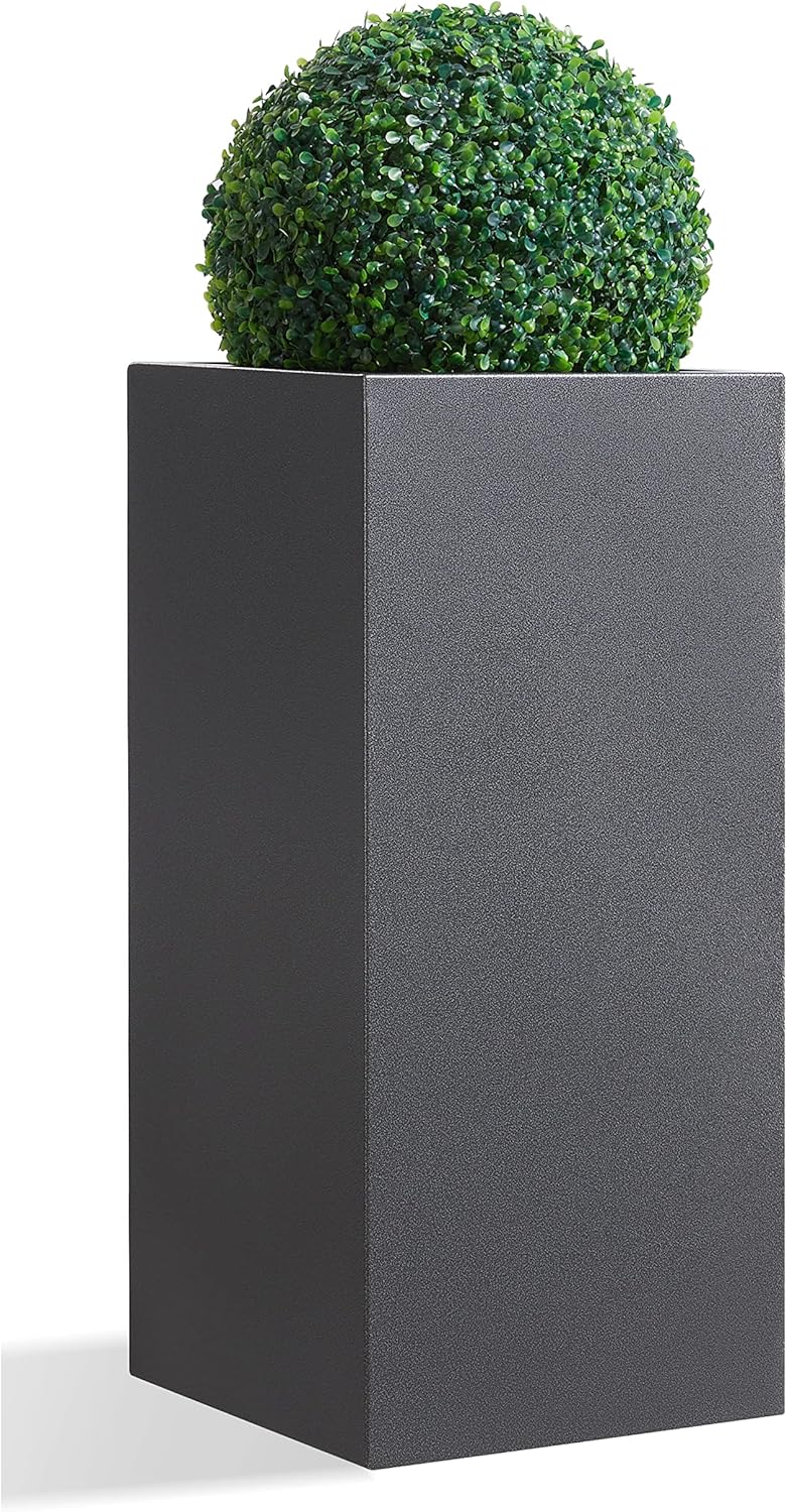 Metallic Heavy Tall Outdoor/Indoor Planter Box, Seamless Metal Planter, Rectangular, 14”Lx14”Wx30”H, 25 Pounds, Dark Gray, No Assembly, 1 Pack
