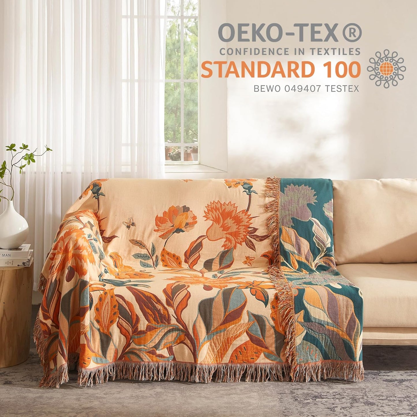 Boho Throw Blanket for Bed 90”x98”, 100% Cotton Woven Blanket for Couch Sofa, Ultra Soft 4-Layer Muslin Quilt with Floral Printed, Farmhouse Bed Blanket/Cover for Living Room Decor