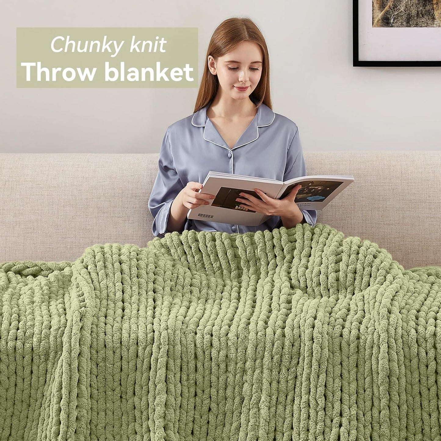 Chunky Knit Throw Blanket, 30''*40'' Knitted Throw Chenille Yarn for Bed Couch, Handmade Light Green Crochet Big Thick Blanket, Machine Washable Cute Comfy Blanket for Home Decor