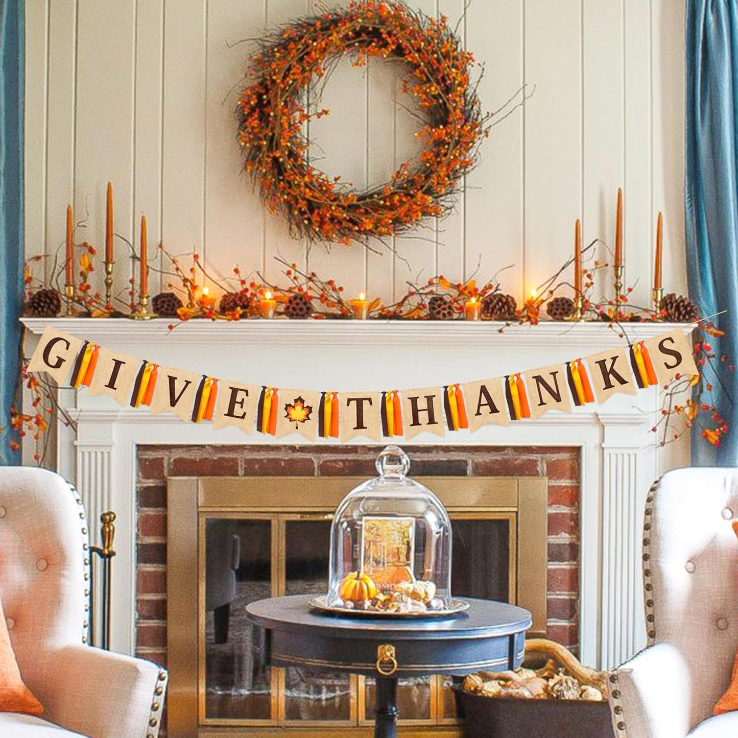 Thanksgiving Maple Leaf Burlap Pennant Banner Flag Felt Give Thanks Sign and Maple Leaf Pattern with Fall Color Ribbon for Thanksgiving Day Fall Autumn Harvest Birthday Party Decorations Supplies