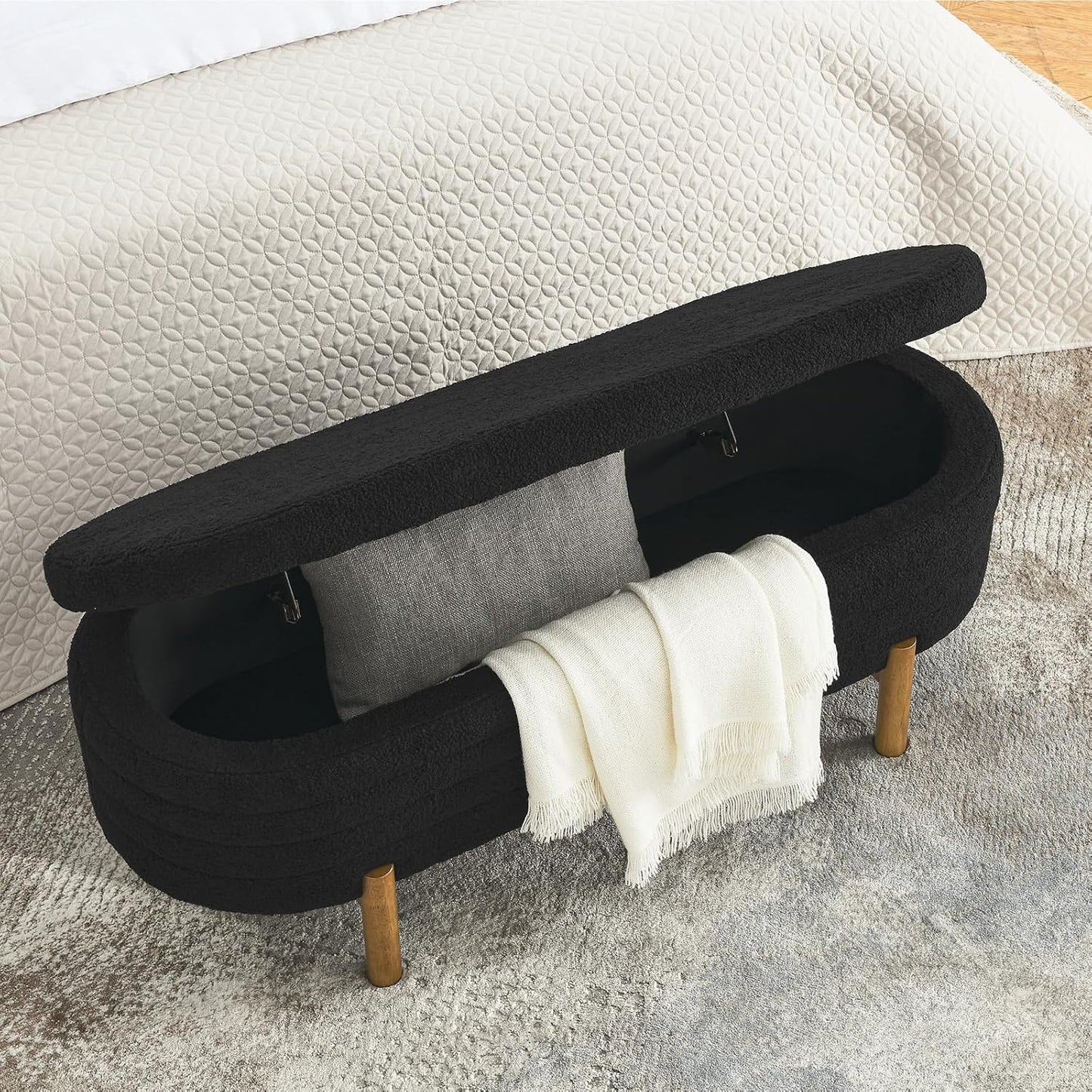Furniliving 46” Storage Benches, End of Bed Bench with Button-Tufted Large Upholstered Storage Ottoman Teddy Window Bench with Storage Shoe Cabinet Bench, for Bedroom, Entryway, Closet, Black