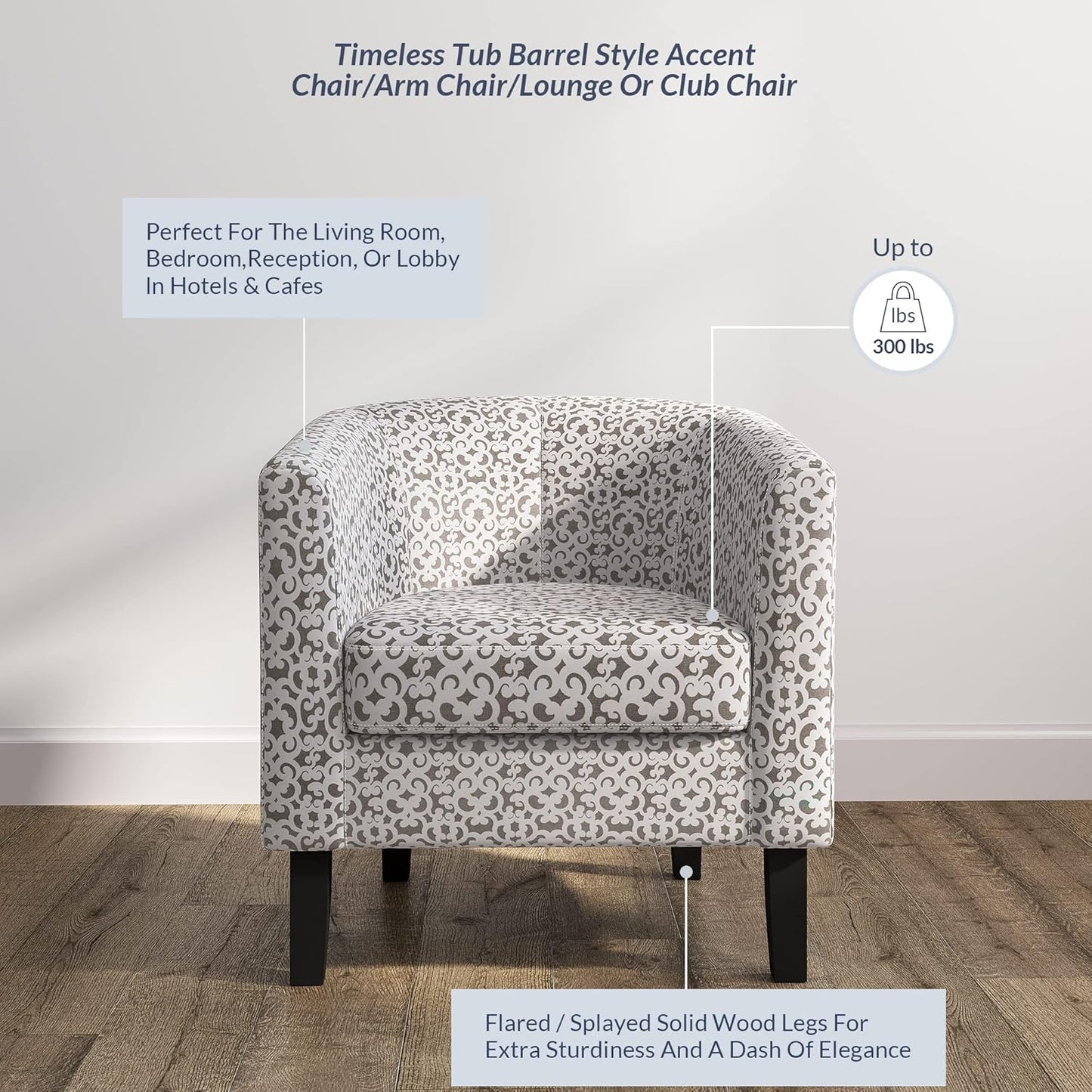 BELLEZE Accent Barrel Chair Set of 2, Linen Round Chair Club Tub Sofa Corner Chair with Flared Legs and Cozy Soft Padding for Living Room Bedroom Waiting Room - White & Brown