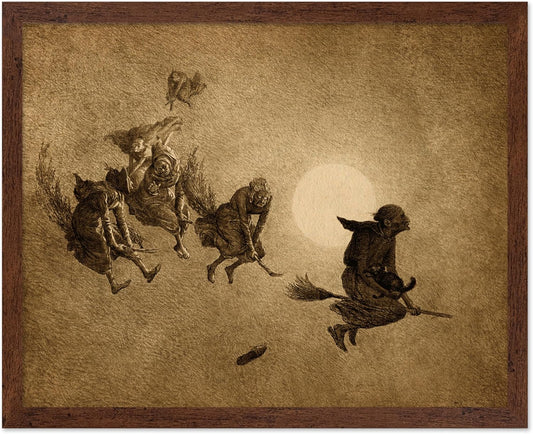 Poster Master Vintage William Holbrook Beard Poster - Retro Occult Print - Gift for Gothic, Horror Fan - The Witches Ride, Pagan, Goth, Magic - Wall Decor for Bedroom, Dorm, 16x20 Brown Framed