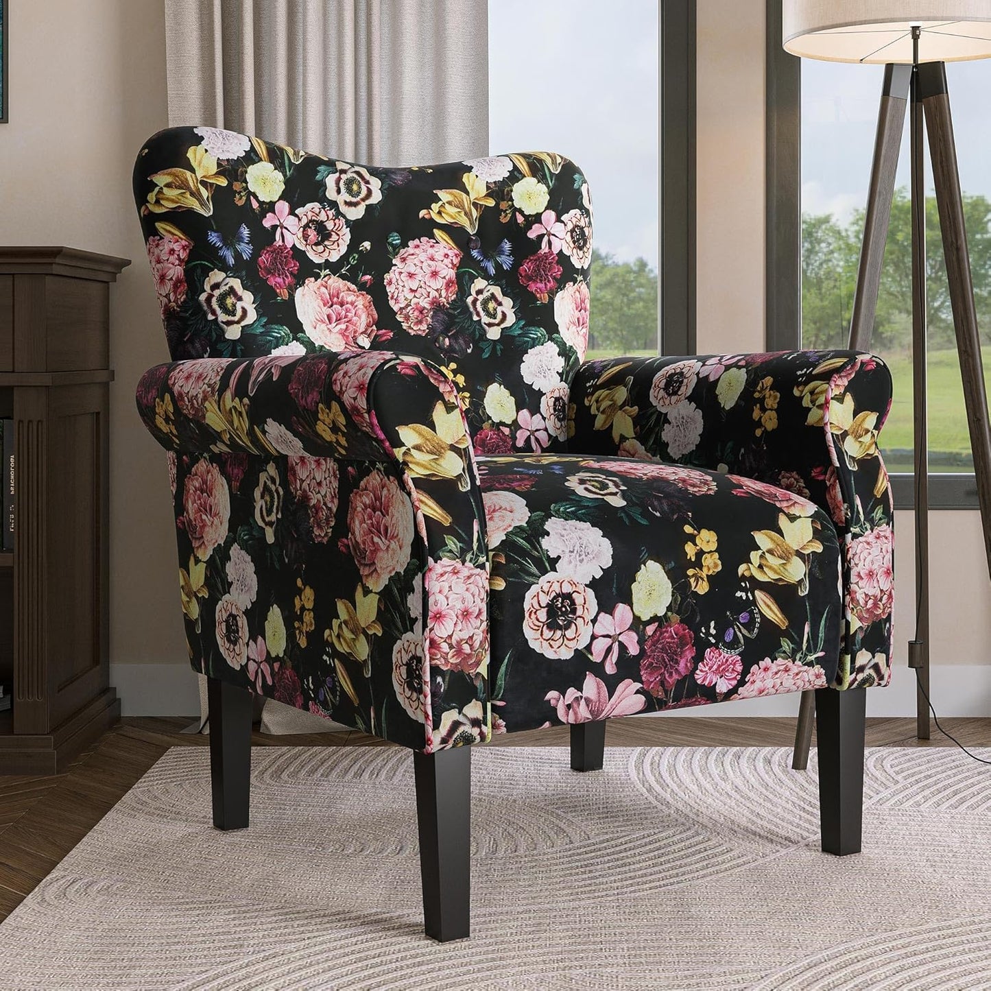 BELLEZE Modern Accent Chair for Living Room, High Back Linen Armchair with Wooden Legs, Upholstered Wingback Side Chair Padded Armrest Single Sofa for Living Room, Bedroom - Allston (Black & Flower)