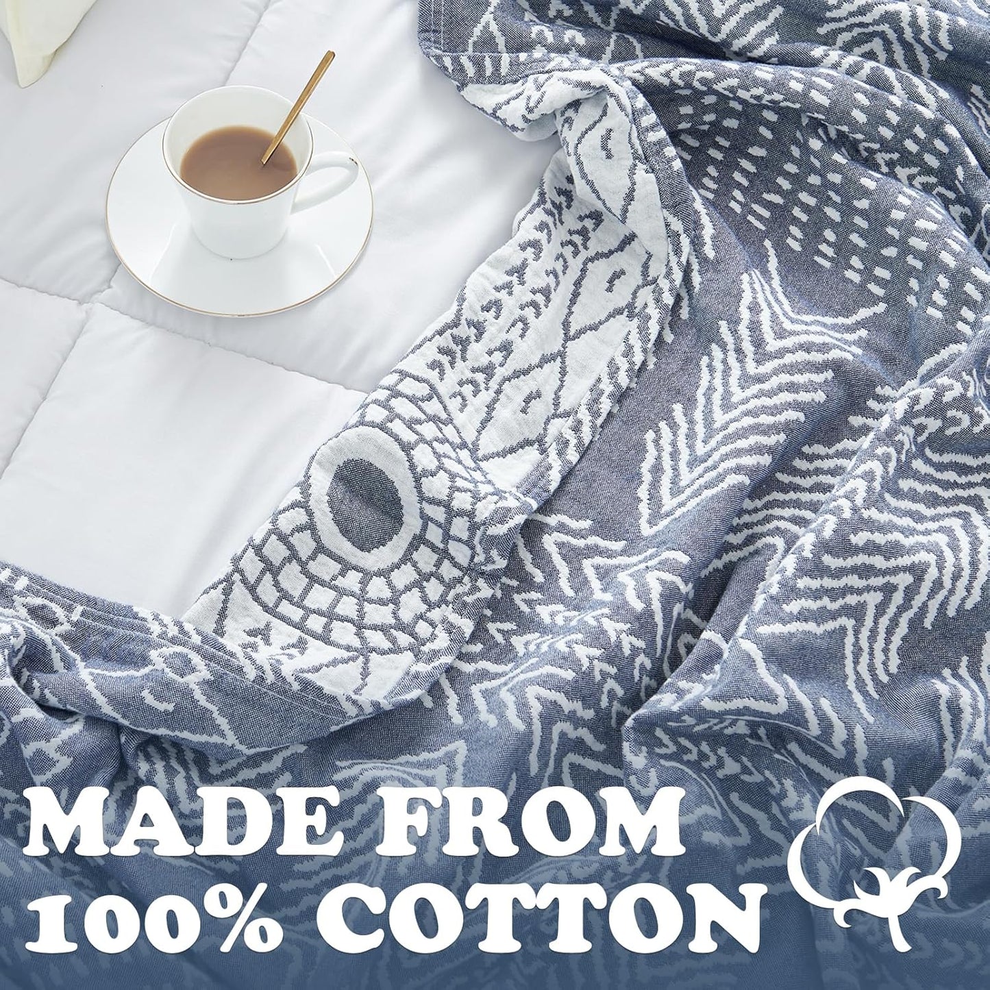 JINCHAN Boho 100% Cotton Muslin Blanket 3-Layer Twin Size Geometric Lightweight Reversible Soft Cozy Throw for Couch Sofa Bed All Season Coverlet Ideal Gift Bedroom Living Room Decor Blue 60x80 Inches