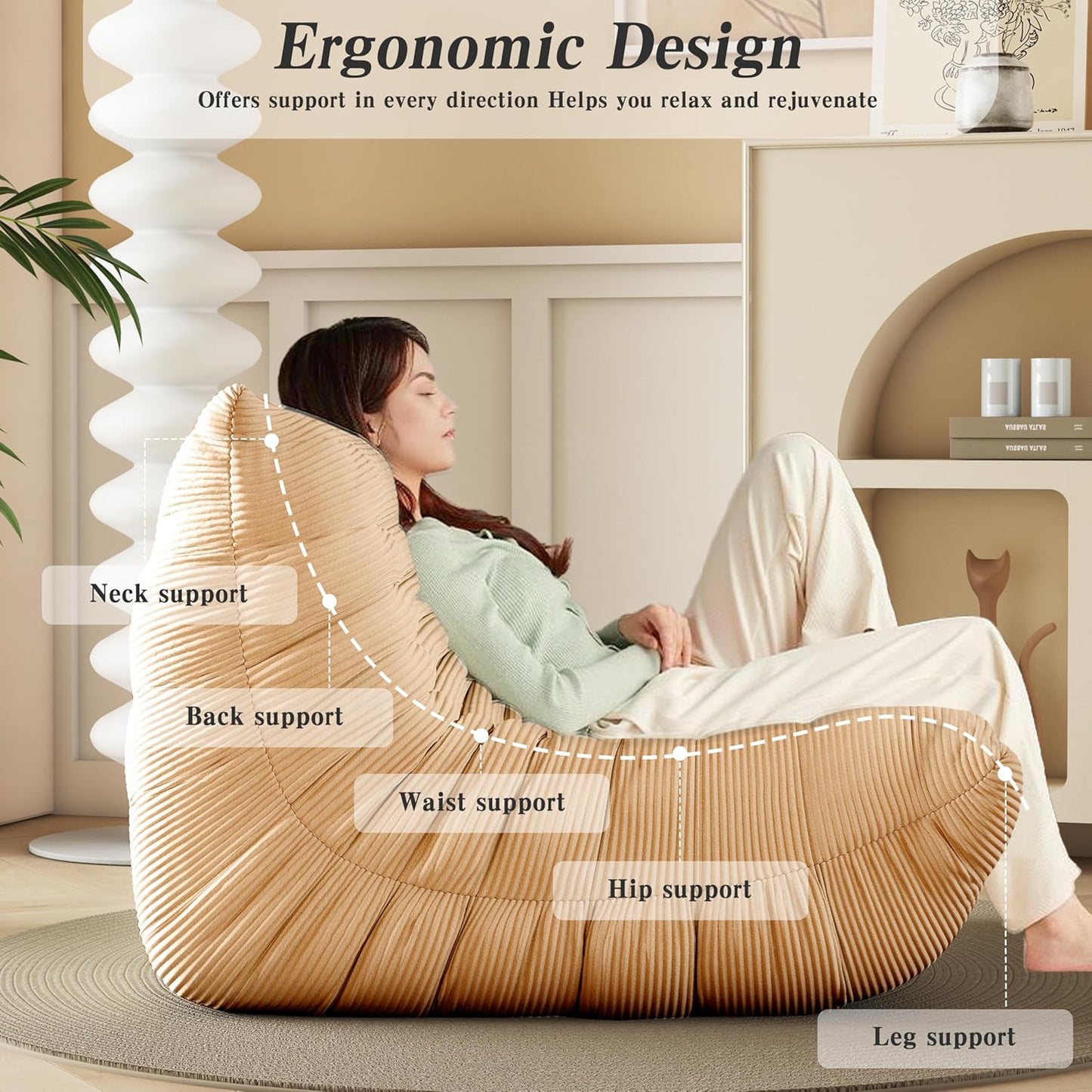 Bean Bag Chair, Lazy Floor Sofa Couch for Adults and Kids, Fireside Chair with Ergonomic Design, Memory Foam Lounge Chair for Living Room Bedroom, Office, Yellow