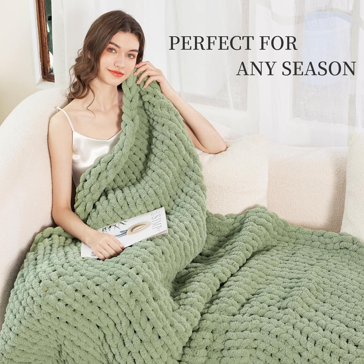 Admitrack Chunky Knit Blanket Throw, 100% Hand Knit Chenille Throw Blanket for Sofa & Home Decor, Soft and Cozy Knitted Throw Blankets (Sage Green, 60""x80""), XNR010