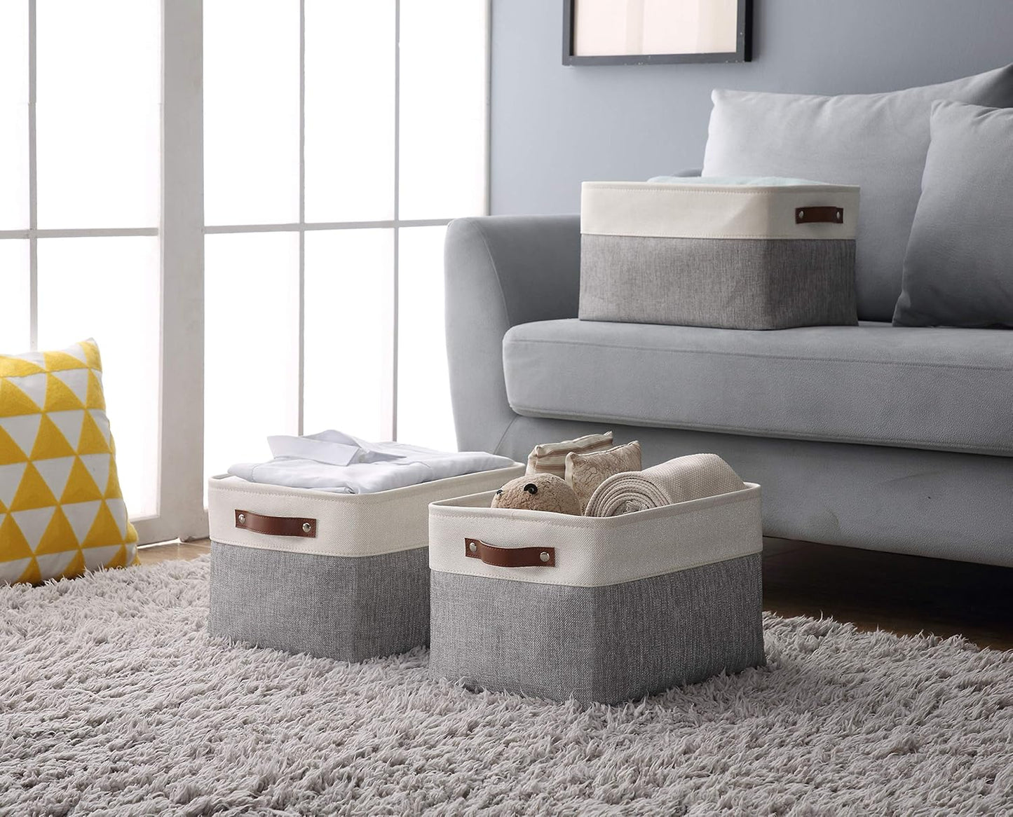 DECOMOMO Storage Baskets for Shelves - Fabric Closet Organizers and Storage Bins, Perfect Baskets for Organizing Closet Toys Nursery (Grey and White, XL - 4 Pack)