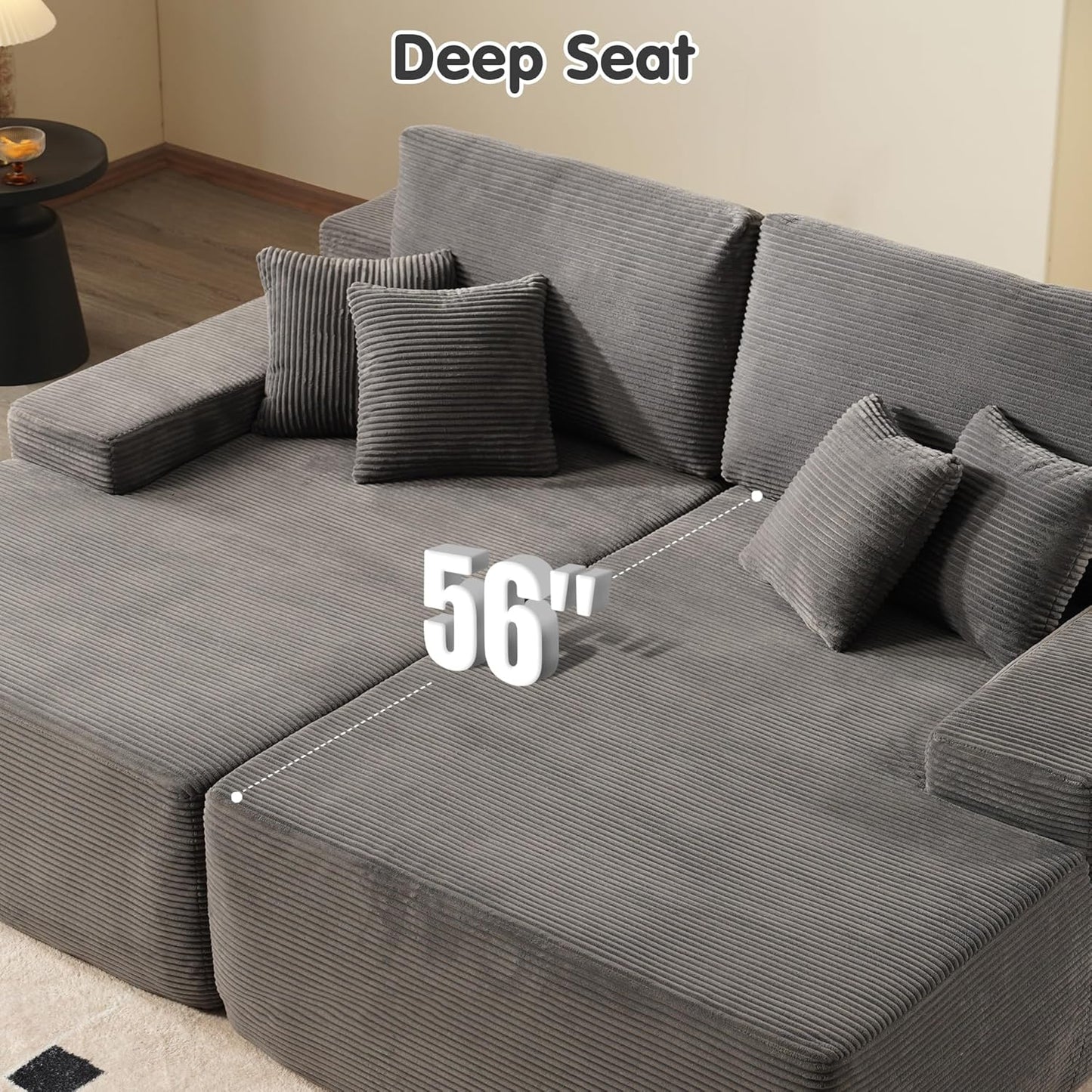 ovios 81" Oversized Sectional Double Lounge Chaise with Cloud Plush Sofa Bed, No Assembly Required, Fluffy Modern Sleeper Loveseat Chair for Indoor Living Room Bedroom Reading, Grey (Corduroy Fabric)