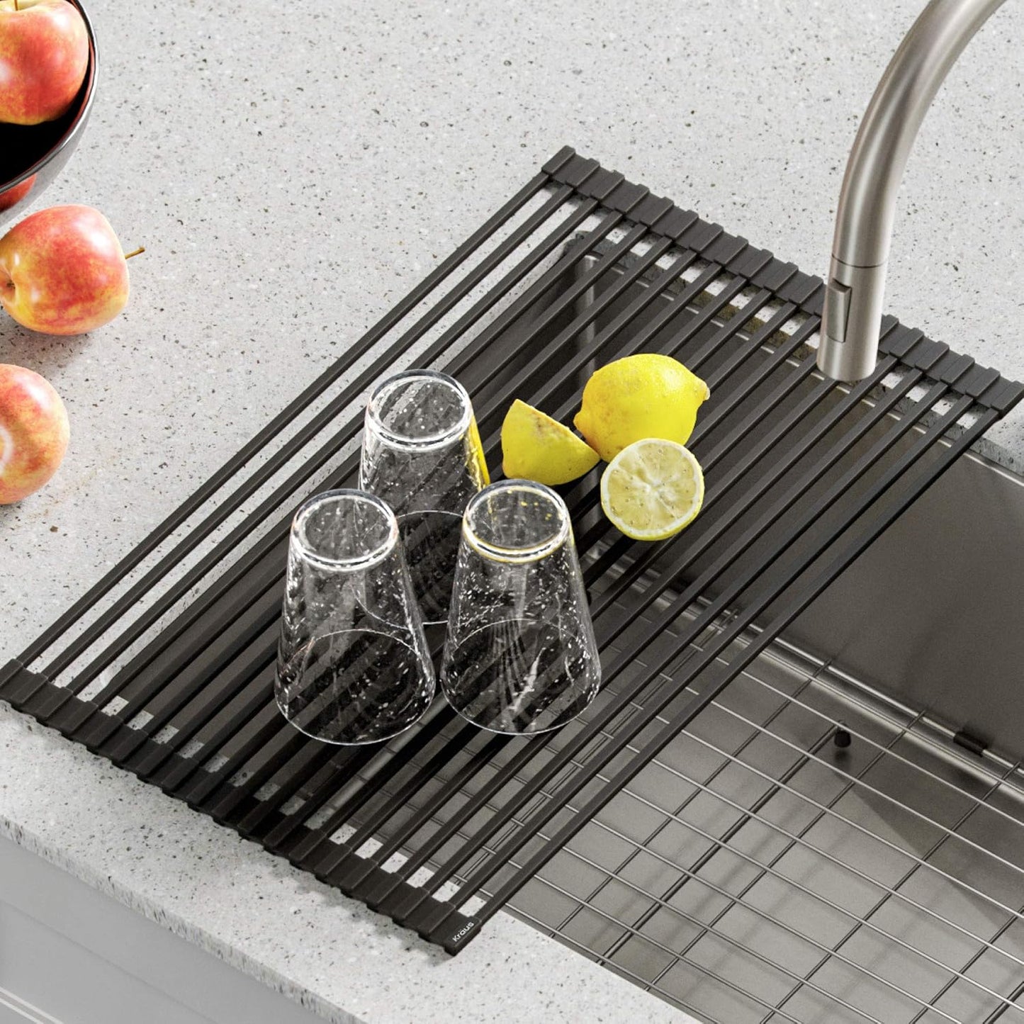Kraus Multipurpose Over-Sink Roll-Up Dish Drying Rack, Colander and Trivet in Light Grey, KRM-10GREY