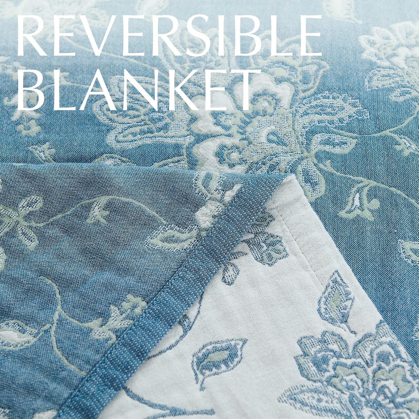 jinchan Boho 100% Cotton Muslin Twin Size 60x80 Inches Blanket Lightweight 4-Layer Quilted Soft Blue and White Floral Throw Blanket Green Accents Reversible Comfy Flower Summer Couch Bedroom Decor