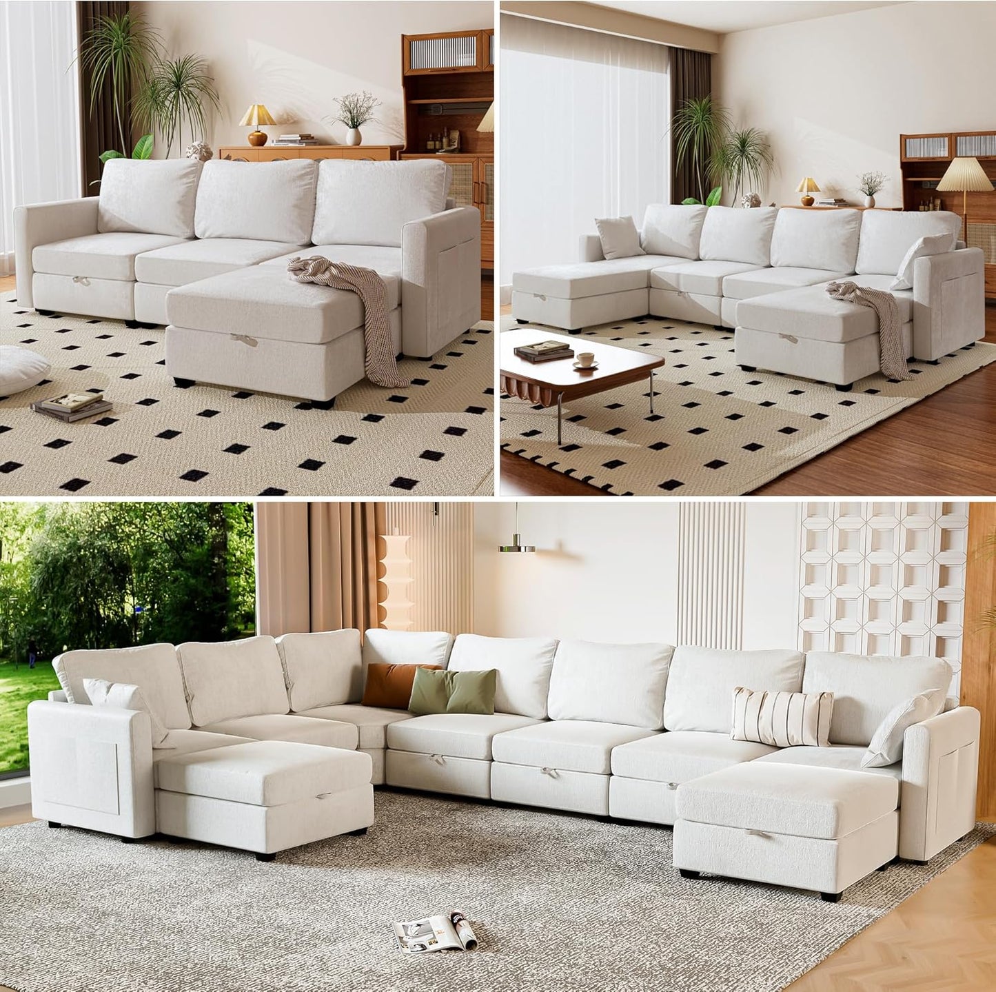 mestyl Modular Sectional Sofa Convertible L Shaped Sofa Couch Set with Storage for Living Room, Modern 4 Seater Modular Sectional Couch with Movable Ottoman (Beige)