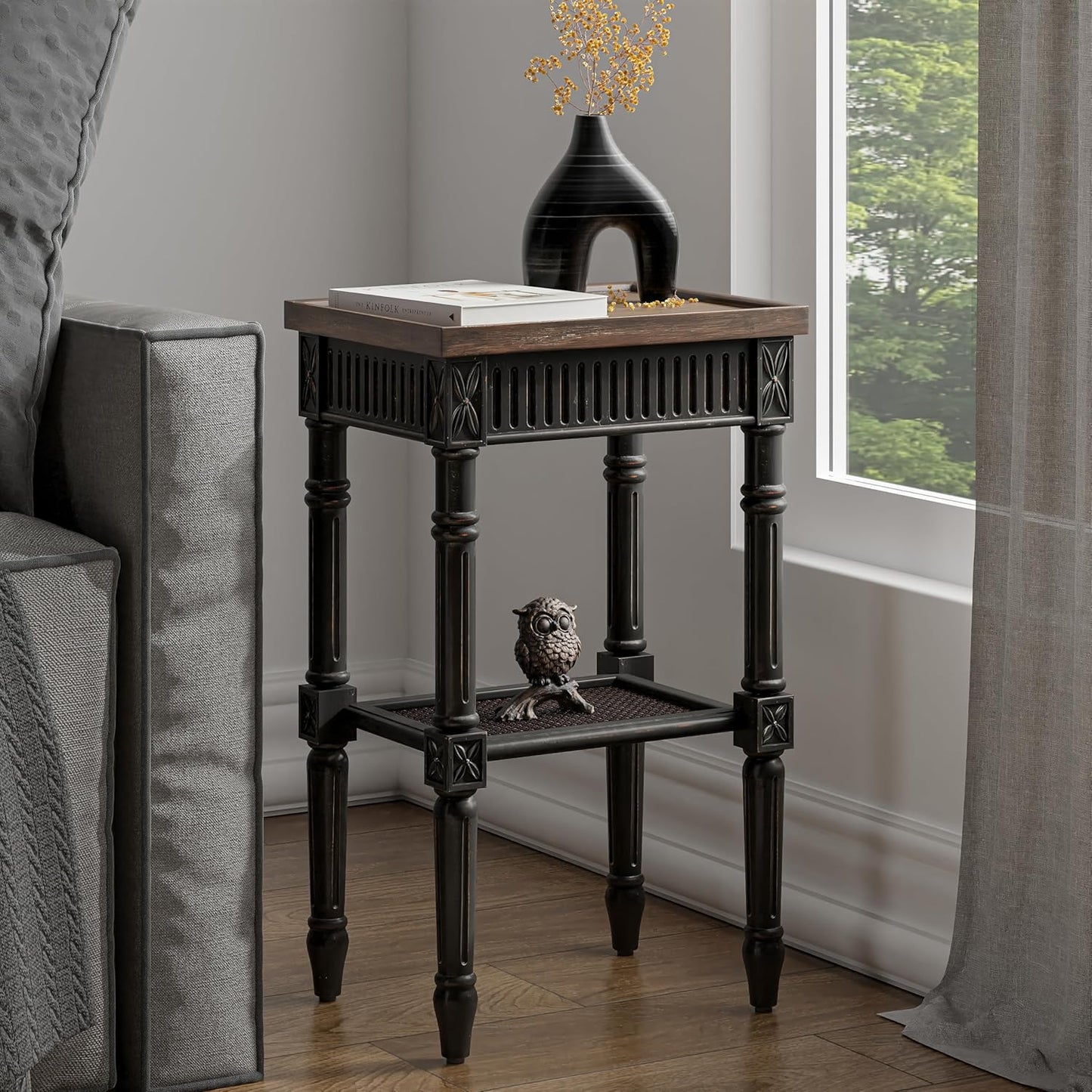 Rustic Farmhouse Cottagecore Accent End Table Set of 2, Distressed Accent Side Table with Espresso Tray Top and Woven Wicker Shelf, Boho, French Country Decor, Square, Weathered Brown & Black