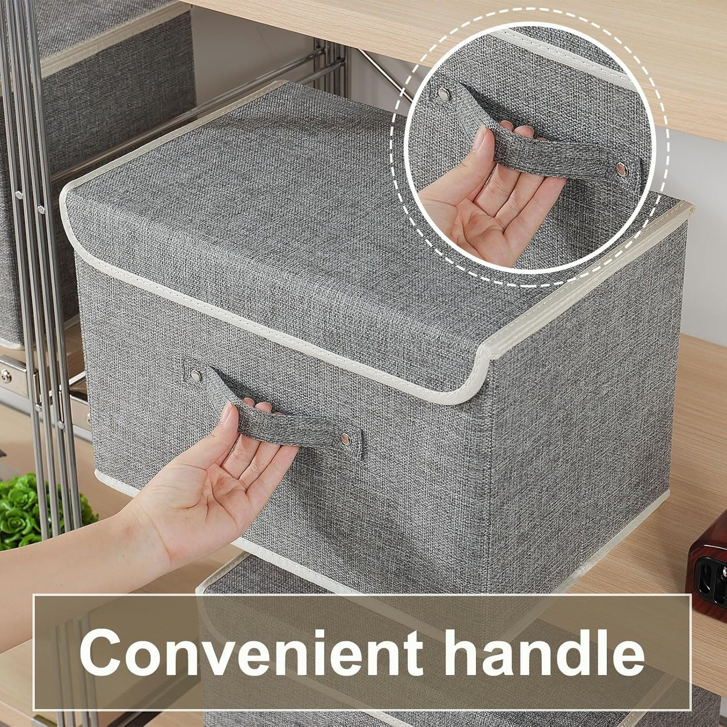 Storage Boxes, Collapsible Storage Bins with Lids, Cotton and linen cloth Storage Baskets with Handle, for Books, Closet, Bedroom, Home, 15x9.8x9.8 in, Grey