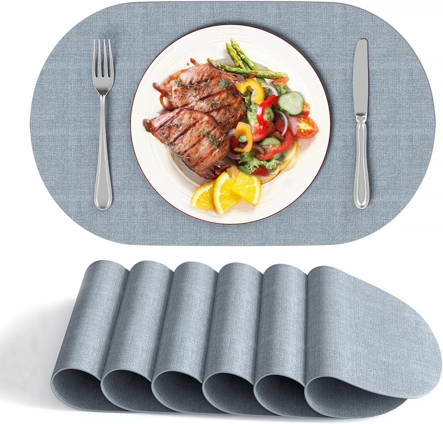 DOLOPL Large Placemats Set of 6, Oval Reversible Wipeable & Non-Slip Place Mats, Modern Faux Leather Table Mats for Kitchen, Neutral Tablemats for Dining Table Decor, Wedding, Party(Dusty Blue)