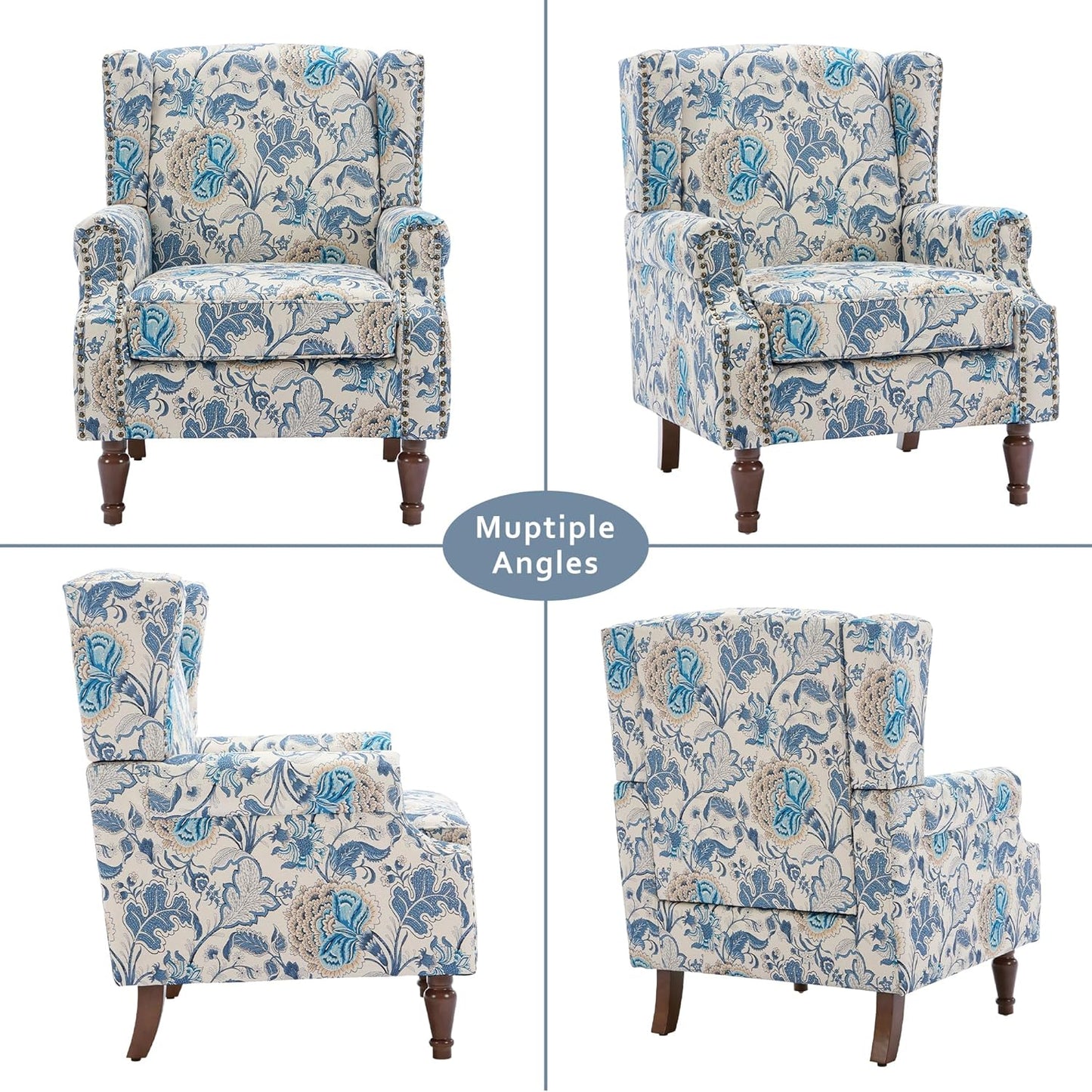 Lumibee High Back Accent Chair, Armchair in Fabric,Comfy Upholstered Wingback Single Sofa Reading Chair with Solid Wood Legs for Living Room,Bedroom,Office-Boho Blue