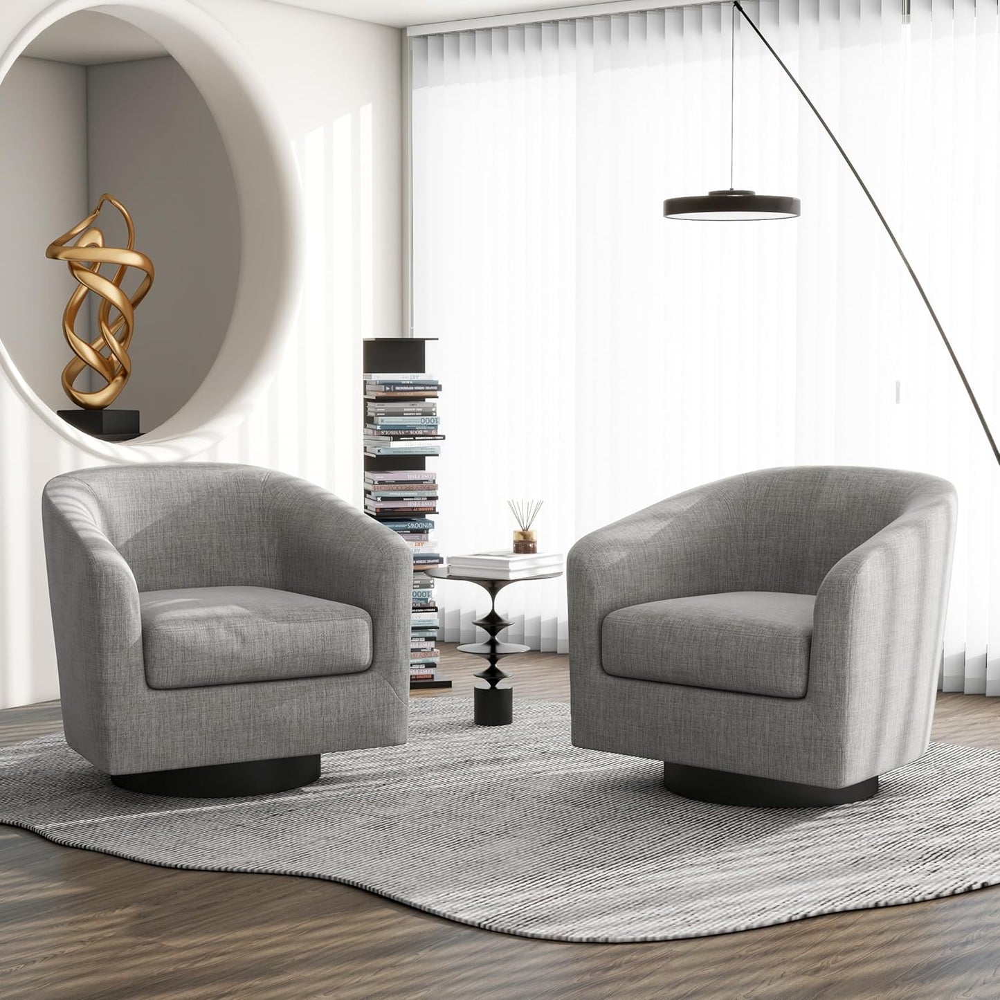 Swivel Barrel Accent Chair, Modern Round Linen Arm Chair for Living Room, Bedroom, Comfy Club Reading Chairs for Adults（Linen Fabric, Light Grey, Set of 4