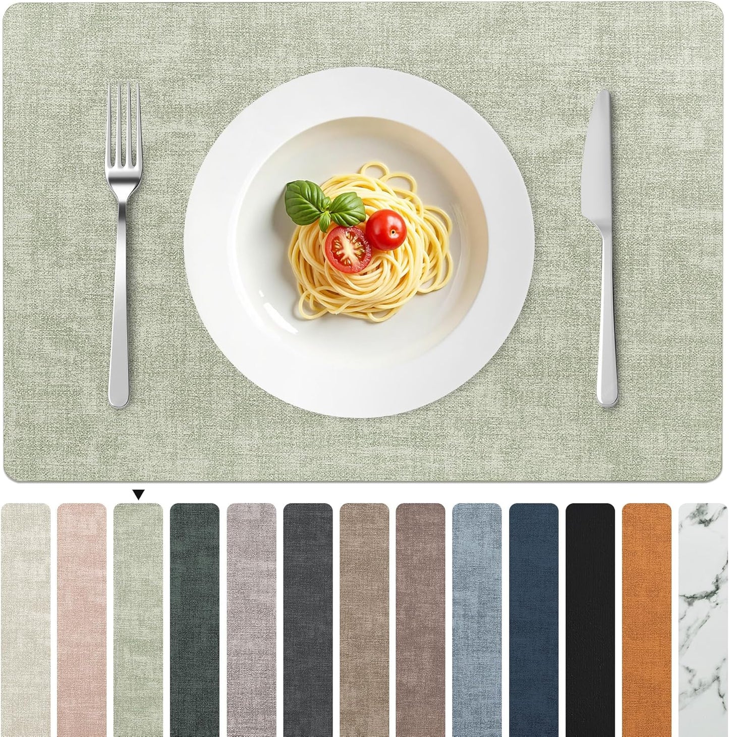 FROMHEART Faux Leather Placemats Set of 12–Waterproof,Heat/Oil Stain-Resistant PU Table Mat–Reversible,Non-Slip,Easy to Clean Place Mats for Kitchen,Dining,Indoor/Outdoor,(Light Green,11.8" x 17")