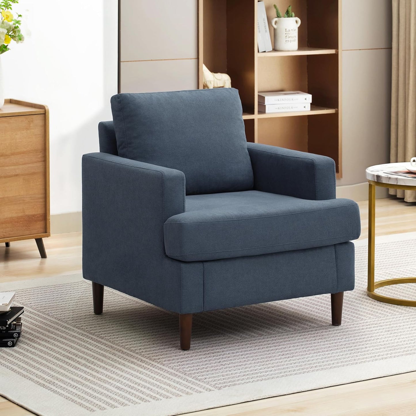 Mid-Century Accent Chair,Modern Linen Fabric Armchair for Living Room,Comfy Upholstered Reading Accent Chairs for Bedroom,Single Sofa Chair with Wood Legs (Blue Grey, 1 Pack)