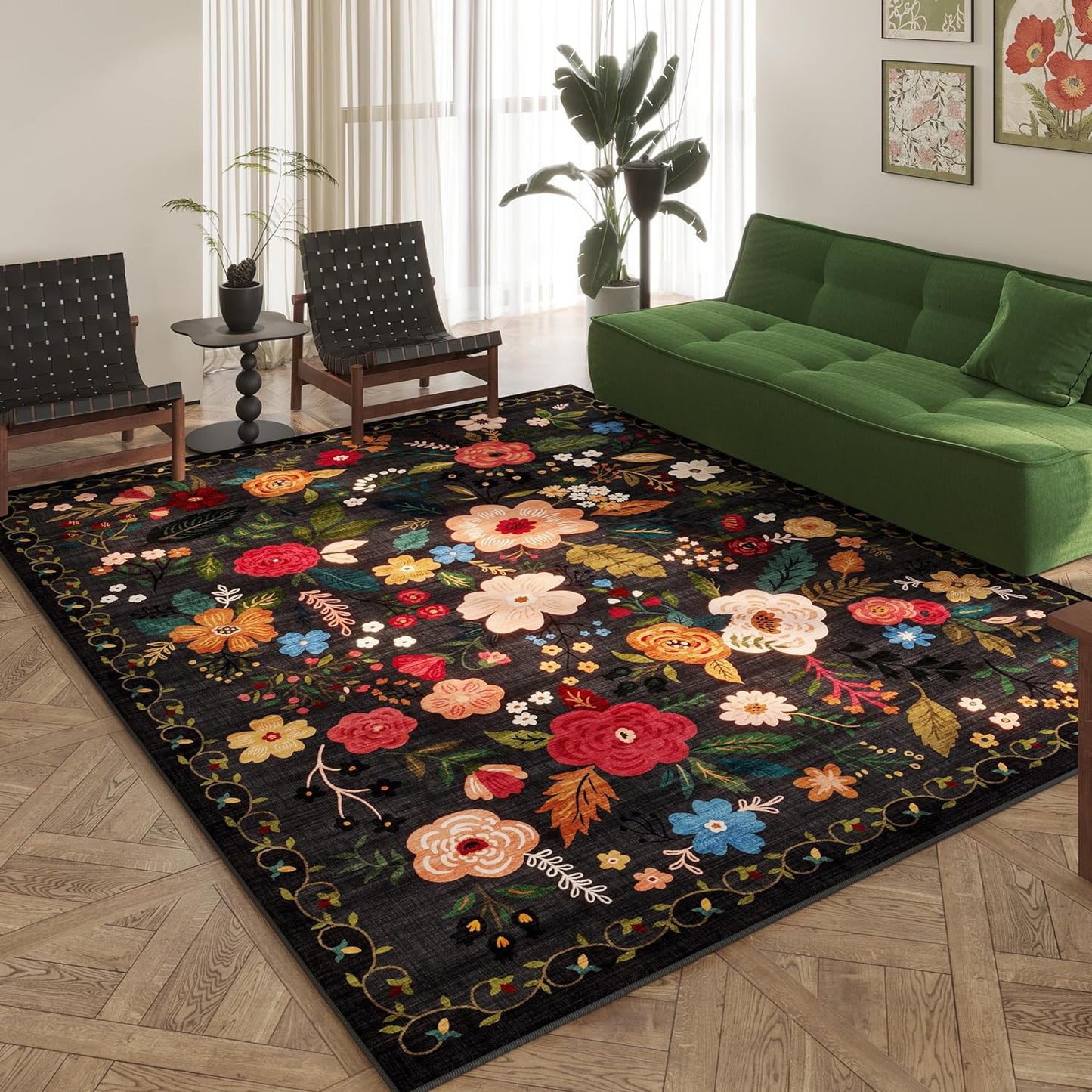 Area Rugs 9x12 Living Room Clearance Washable Boho Rug Non Slip Floral Vintage Low Pile Large Rug for Living Room, Bedroom, Farmhouse, Dining Room, Kids Playroom(Black)
