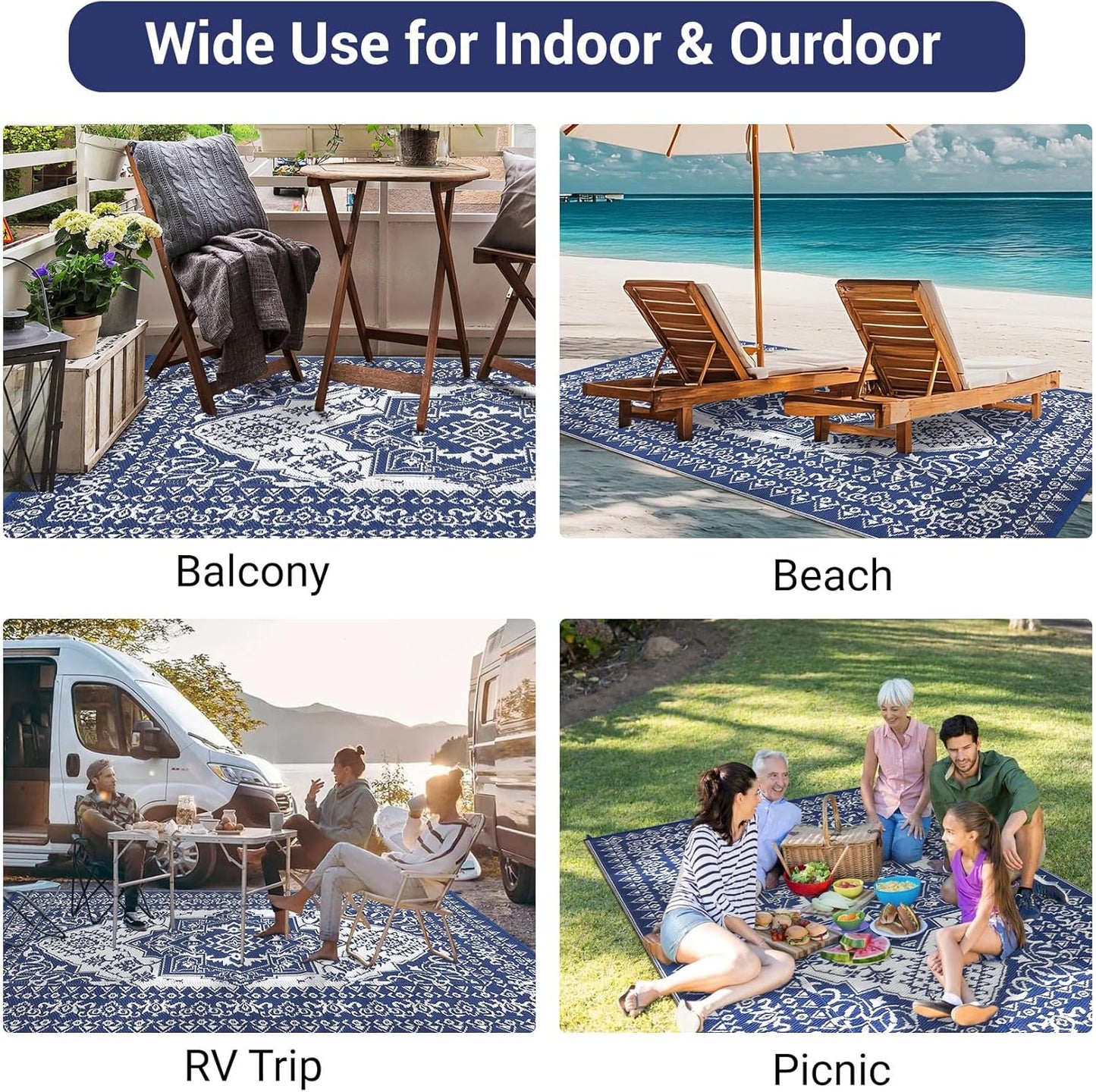 GAOMON Large Outdoor Plastic Straw Rug 10x14 Waterproof Patio Rug Reversible Foldable Portale Camping Mat with Stakes & Bag, Vintage Boho Outside Carpet for RV Garden Deck Porch, Navy