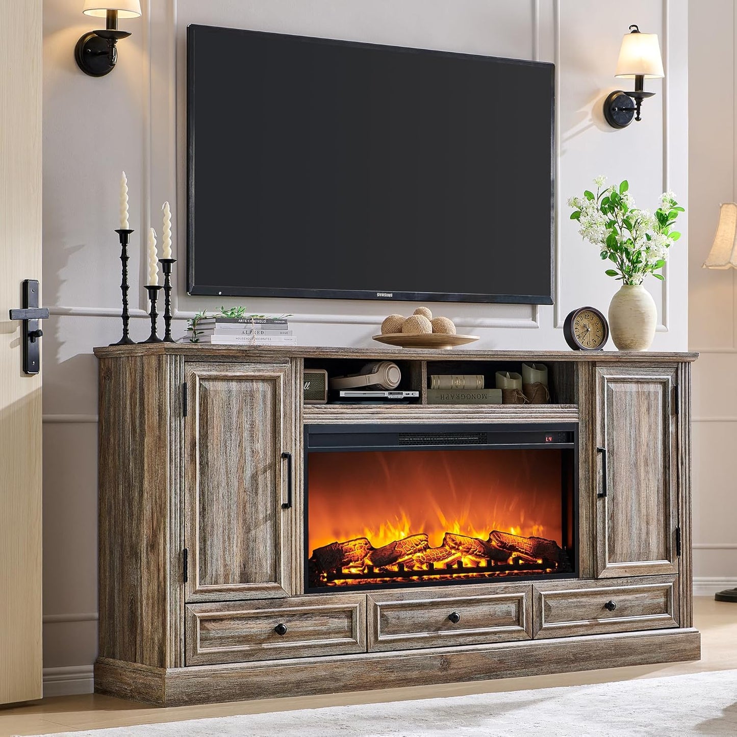 Fireplace TV Stand for 80 Inch TV, 35.7" Tall Farmhouse Entertainment Center W/36'' Electric Fireplace, Media Console with Large Storage Cabinets and Drawers for Living Room, Purple Oak
