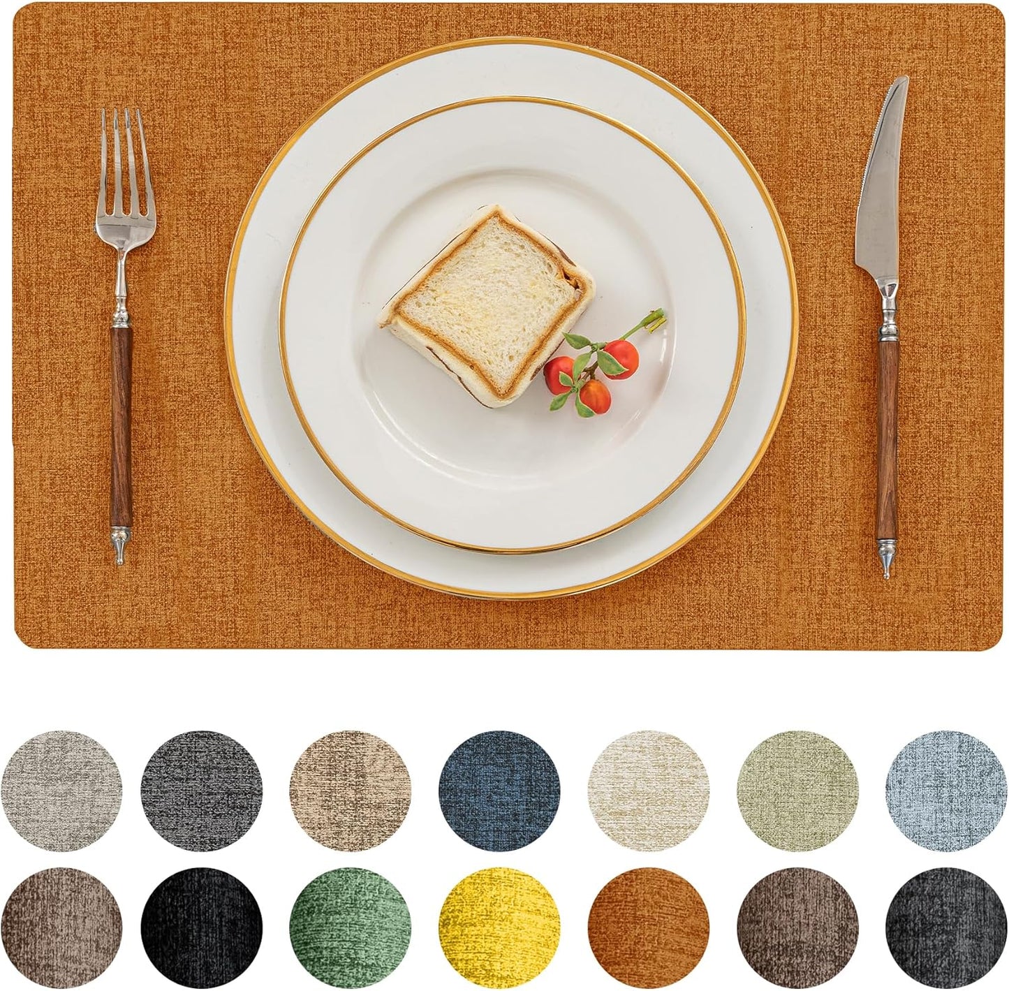 Romanstile Vinyl Placemats Set of 12-12 X 18 Inch - Heat Resistant Place Mats 100% Waterproof Oilproof Wipeable Reversible Faux Leather Table Mats for Kitchen/Dining/Party/Outdoor, Orange