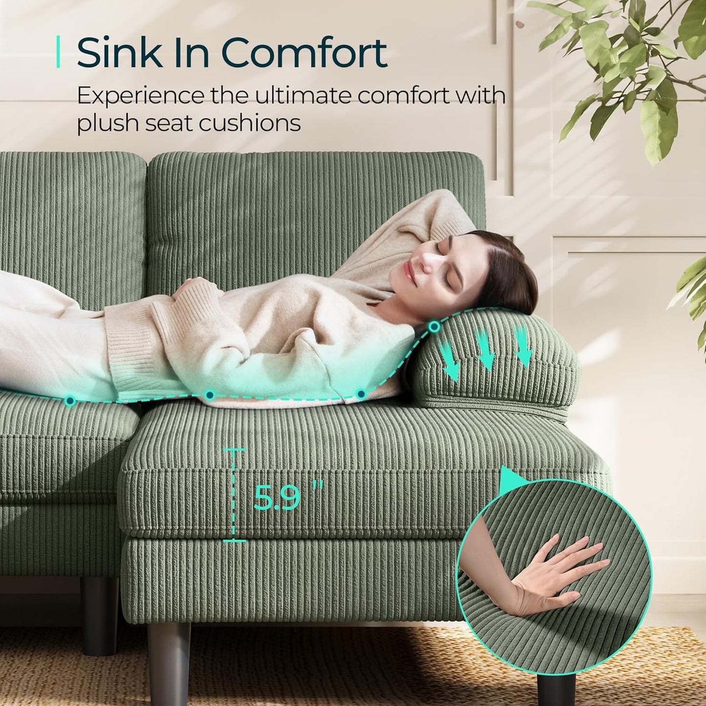 LINSY HOME Sectional Couch, 111'' W Corduroy U Shaped Sofa with Sleepable Armrests, 4 Seat Couch with Double Chaises, Deep Seat Sofa for Living Room, Army Green