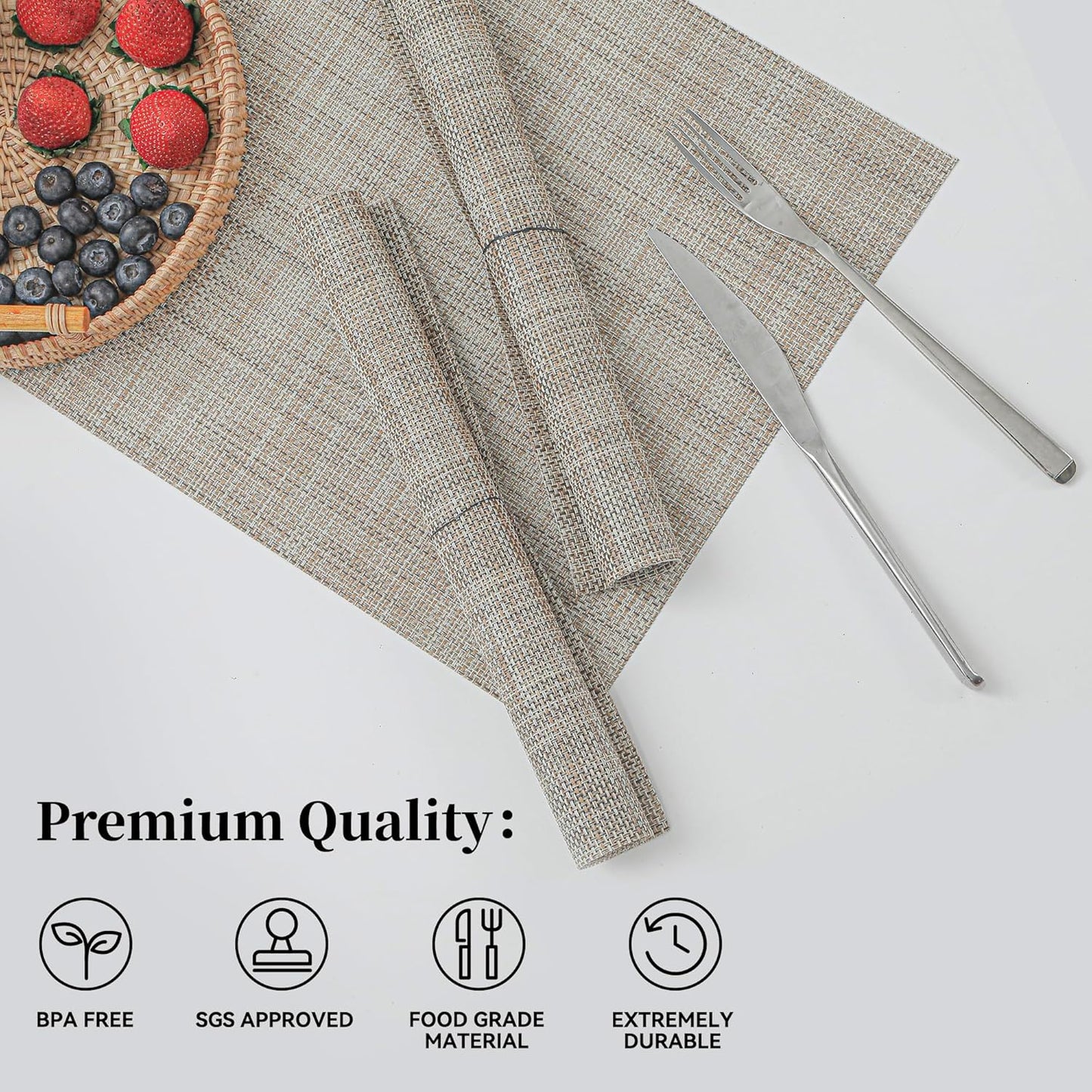 Leetaltree Linen Yellow Placemats Set of 6 - Heat Resistant Non-Slip Place mats for Dining Table, Washable Durable PVC Vinyl Woven Table Mats（Linen Yellow, 6）