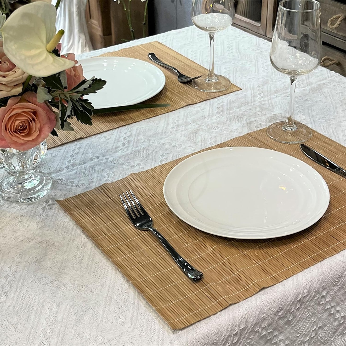 ANDSTAR Set of 6 Bamboo Placemats 17.7X11.8Inch Sushi Rolling Mat Japanese Style Bamboo Mat Natural Place Mats Washable Heat Resistant Table Mats for Dinner Dining Table Wedding Parties（Brown）