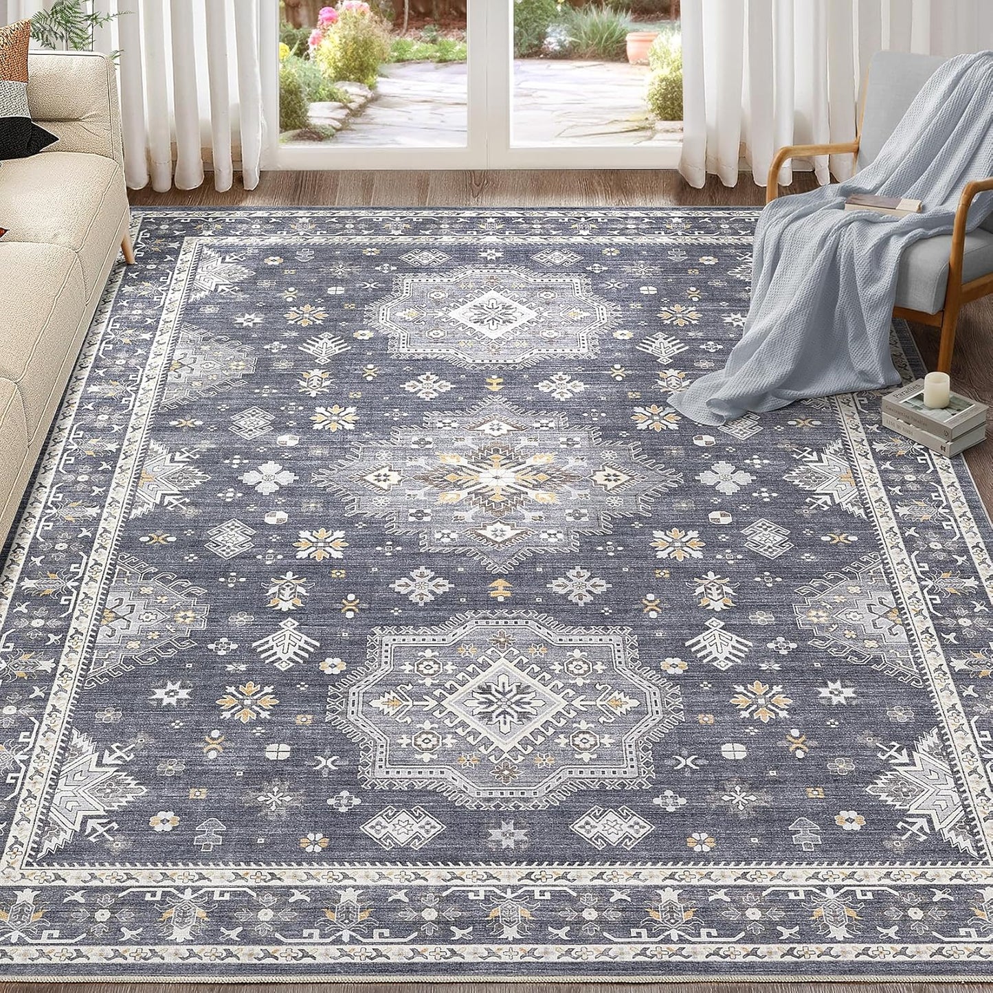 Washable Area Rugs for Living Room - 7x9 Neutral Vintage Distressed Floral Farmhouse Boho Large Soft Floor Rug Indoor Non Slip Carpet for Living Room Bedroom Dining Room Office - Denim Blue/Grey