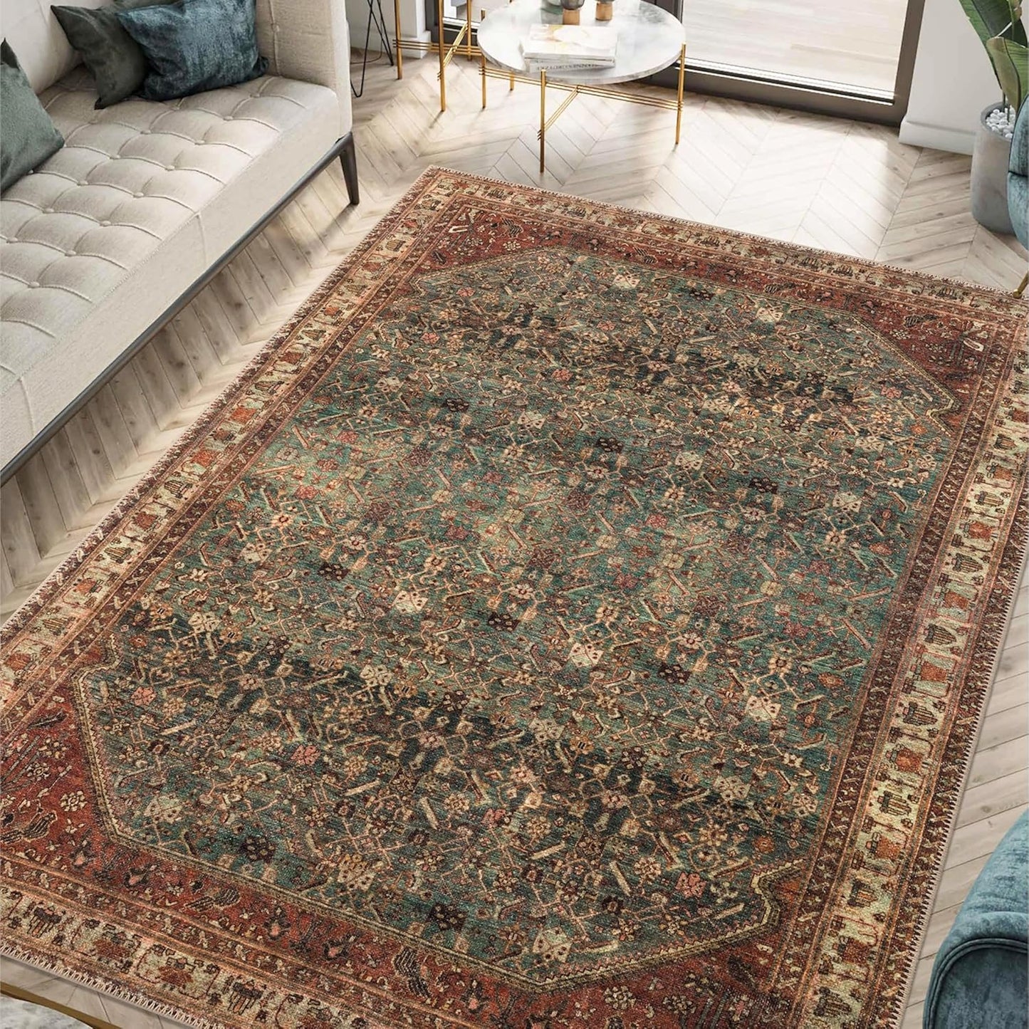 Keen Home Design 5x7 Rug - Machine Washable Area Rug with Non-Slip Backing, Ideal for Living Room, Dining Room, Bedroom - Vintage, Easy Clean, Durable, Low Pile Rug - (5' x 7')