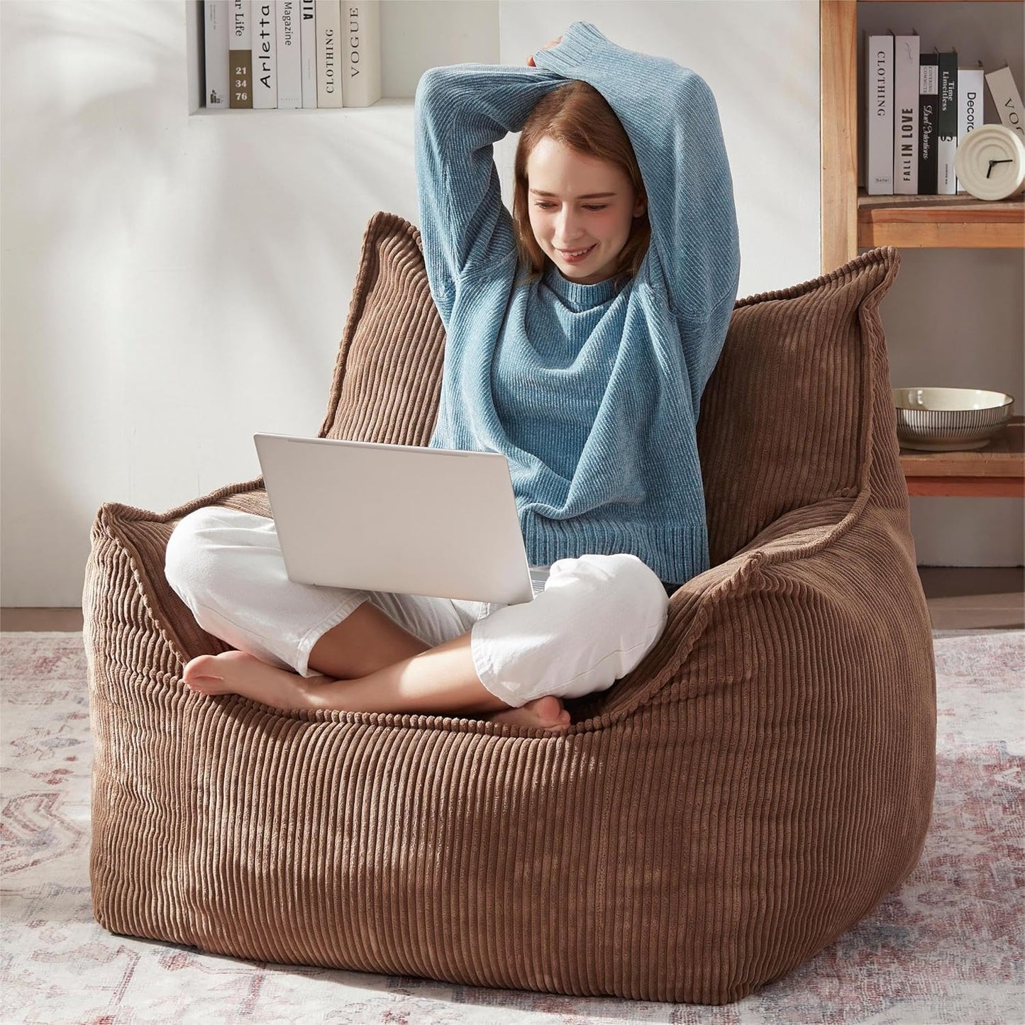 Giant Bean Bag Chair Sofa for Adults Teens, Comfy Corduroy Large Bean Bag Chairs with Armrests for Bedroom Living Room, Adult BeanBag Lazy Sofa Couch Chairs with Filler Included