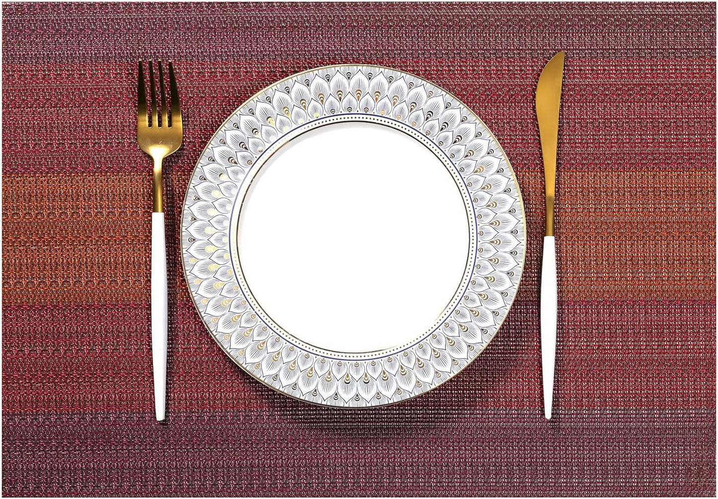 LEXMORE PlaceMats Set of 12 Vinyl/Plastic Woven Place Mats for Kitchen Table Indoor/Outdoor Washable PlaceMat Wipeable Dining Table Mats(Pomegranate Parade)