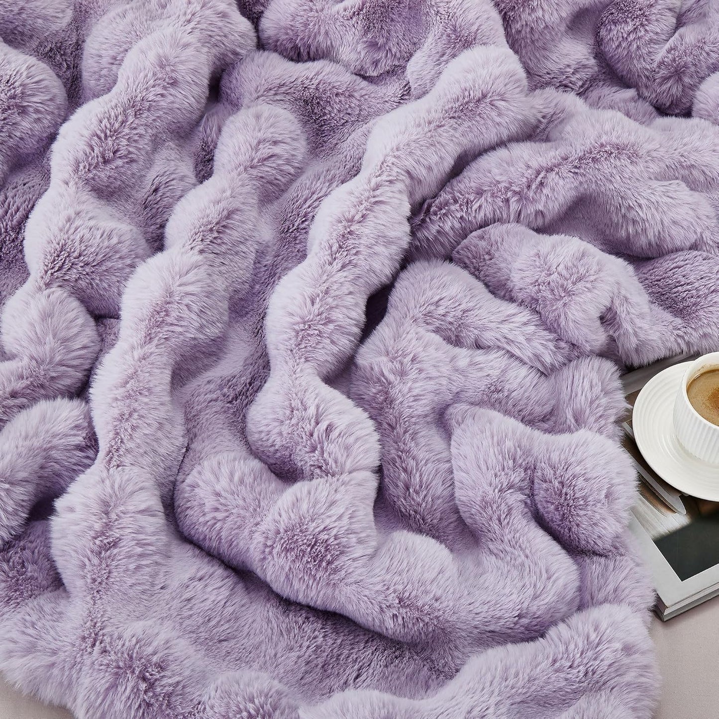 DREAMNINE Large Soft Thick Fuzzy Bubble Faux Rabbit Fur Blanket Full Size 70" x 80", Double Sided Comfy Plush Warm Shaggy Fluffy Blankets, Luxury Big Cozy Textured Furry Blanket for Bed, Lilac Purple